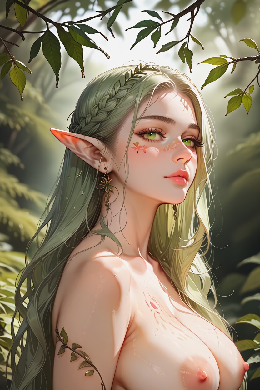 Athletic And Curvy Body, Serene Yet Intense Expression, Leaves Branches And Moss Surrounding Hentai AI Porn