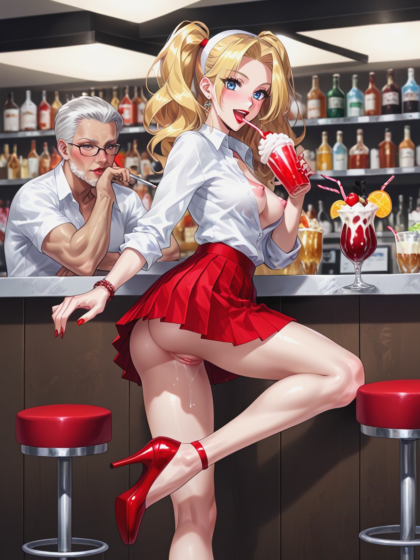 Breasts Exposed, Twin High Ponytails, Long Legs AI Porn