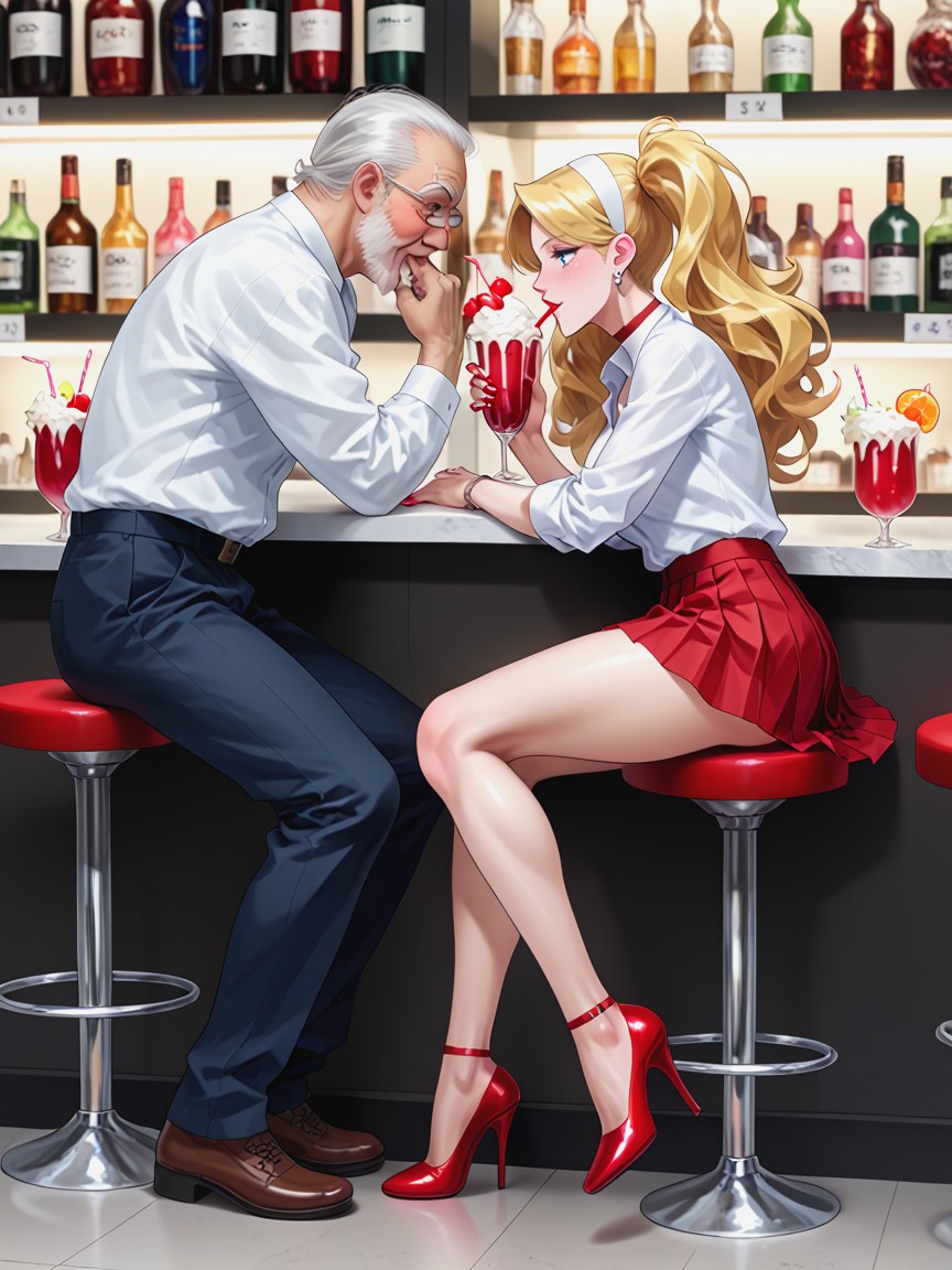Milkshake With Whipped Cream Topping, Small Ass, Elbows Are On The Counter With Both Hands Holding The Straw AI Porn