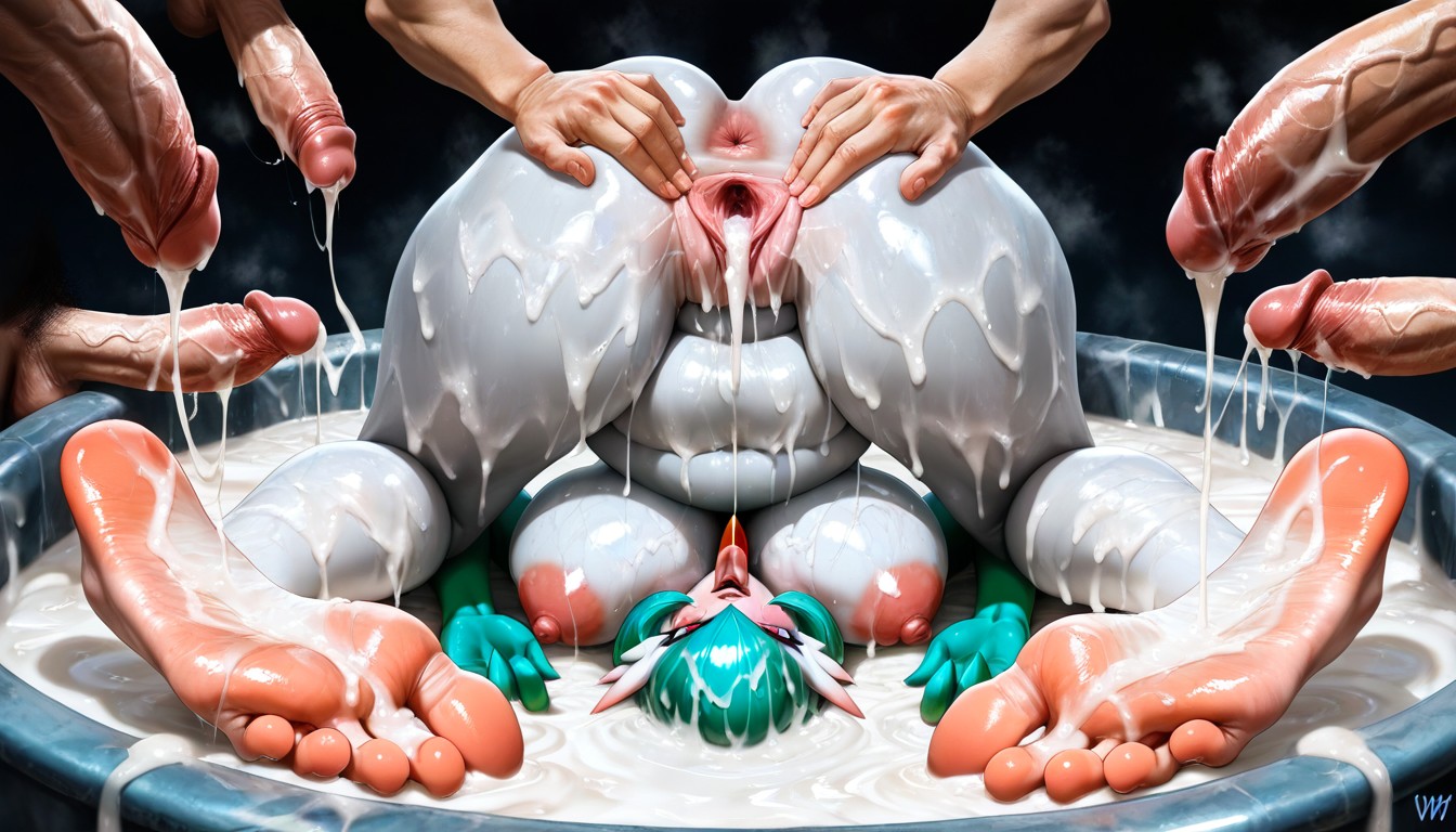 Shiny Pussy, Surrounded By Many Cocks Ejaculating Into Vat, Gangbang Hentai AI Porn