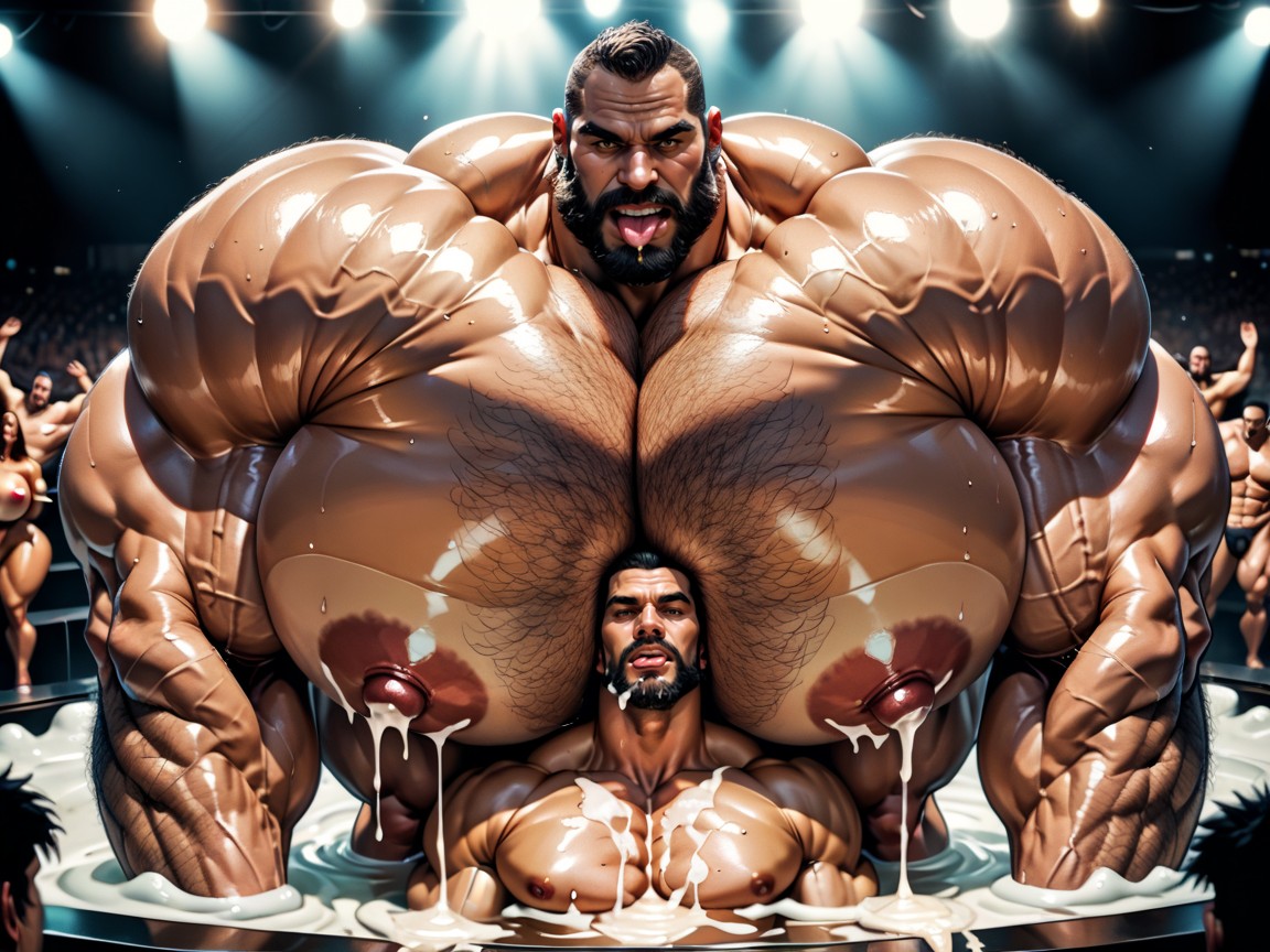 On Stage, Hairy Thick Hyper Muscled Body, Thick Bearded AI Porn