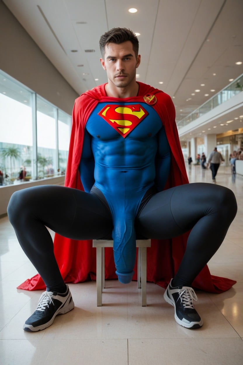 Tight Clothing Covering Gigantic Colossal Bulge Hanging To His Ankles, Red Cape, Cosplay AI Gay Porn