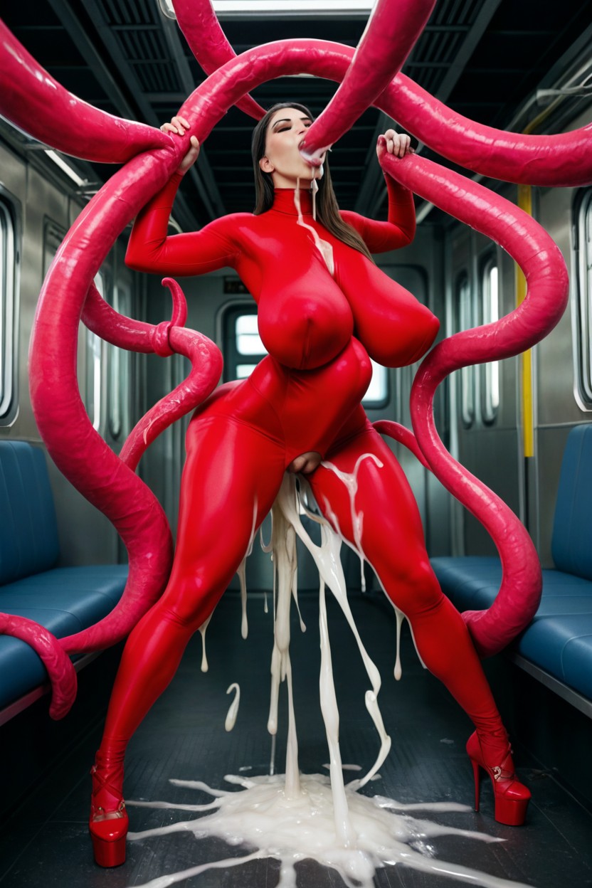 Maximum Cum, Big Puffy Pussy, Red Lycra Bodysuit Covering Whole Body AI Porn