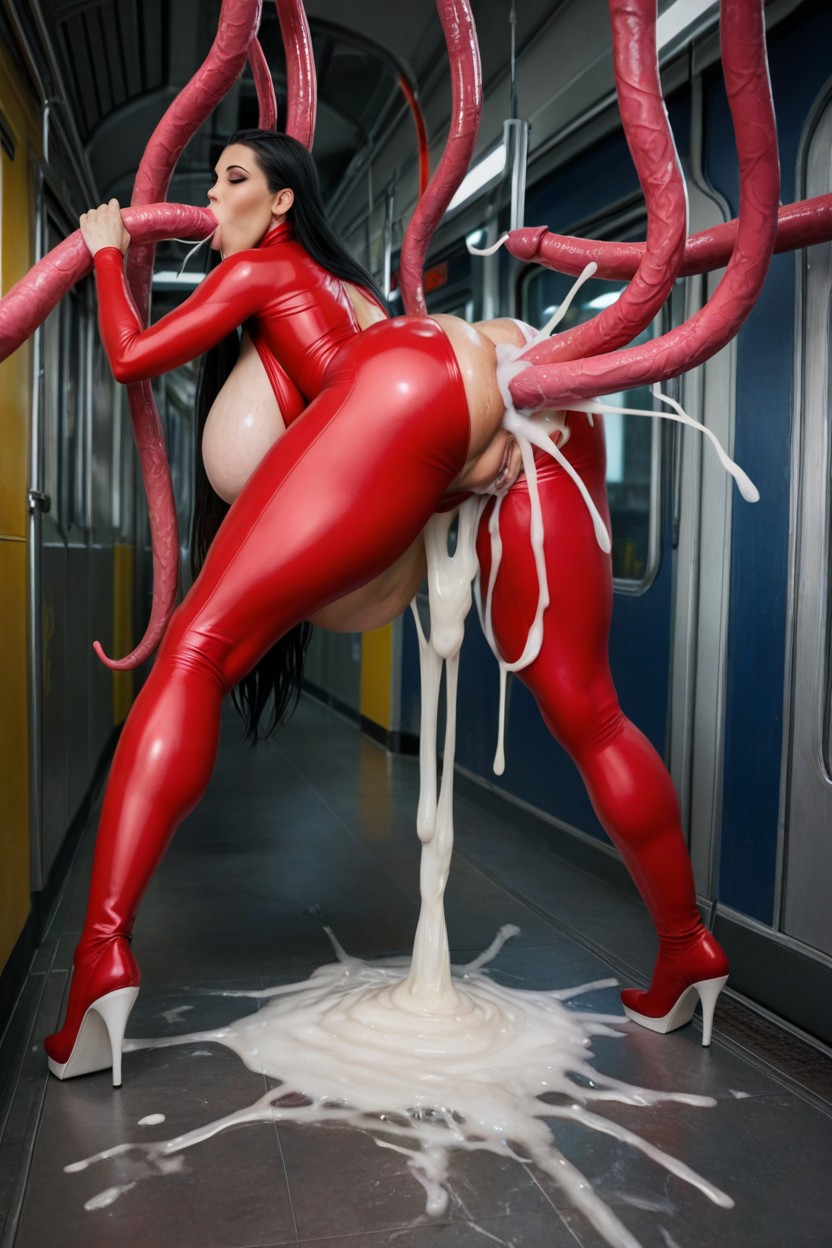Giant Fat Tentacles Pounding Subject, Red Lycra Bodysuit Covering Whole Body, 18+ AI Porn