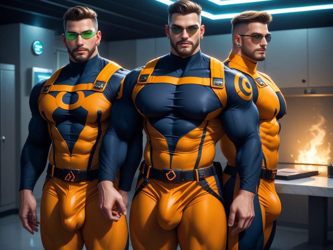 Black With Orange Trim Chest Harness, Horny, Background Is An Underground Government Research Laboratory AI Gay Porn