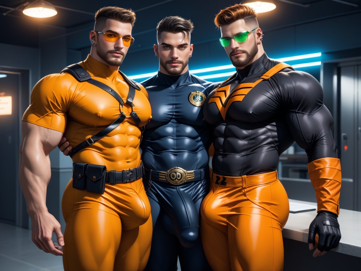 Huge Veiny Bulge, Night, Black With Orange Trim Chest Harness AI Gay Porn