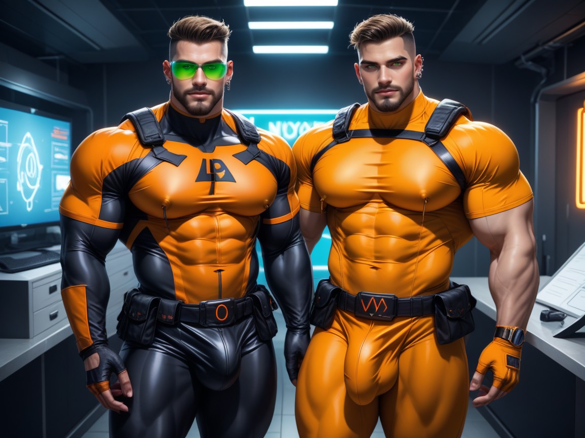 Cosplay, Black With Orange Trim Chest Harness, Muscle Daddy Physique AI Gay Porn