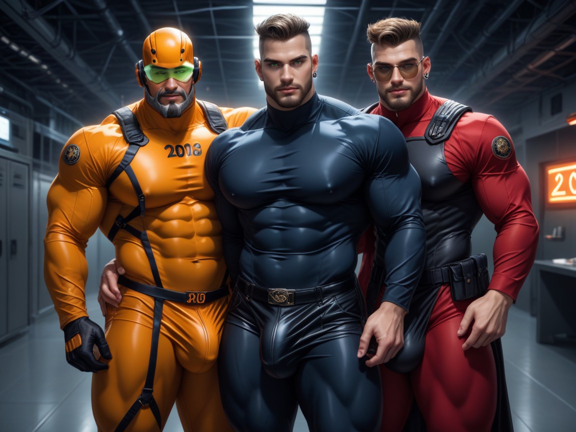 Very Large Detailed Veiny Bulge, Black With Orange Trim Thong, Wearing A Black With Orange Trim Bodysuit AI Gay Porn