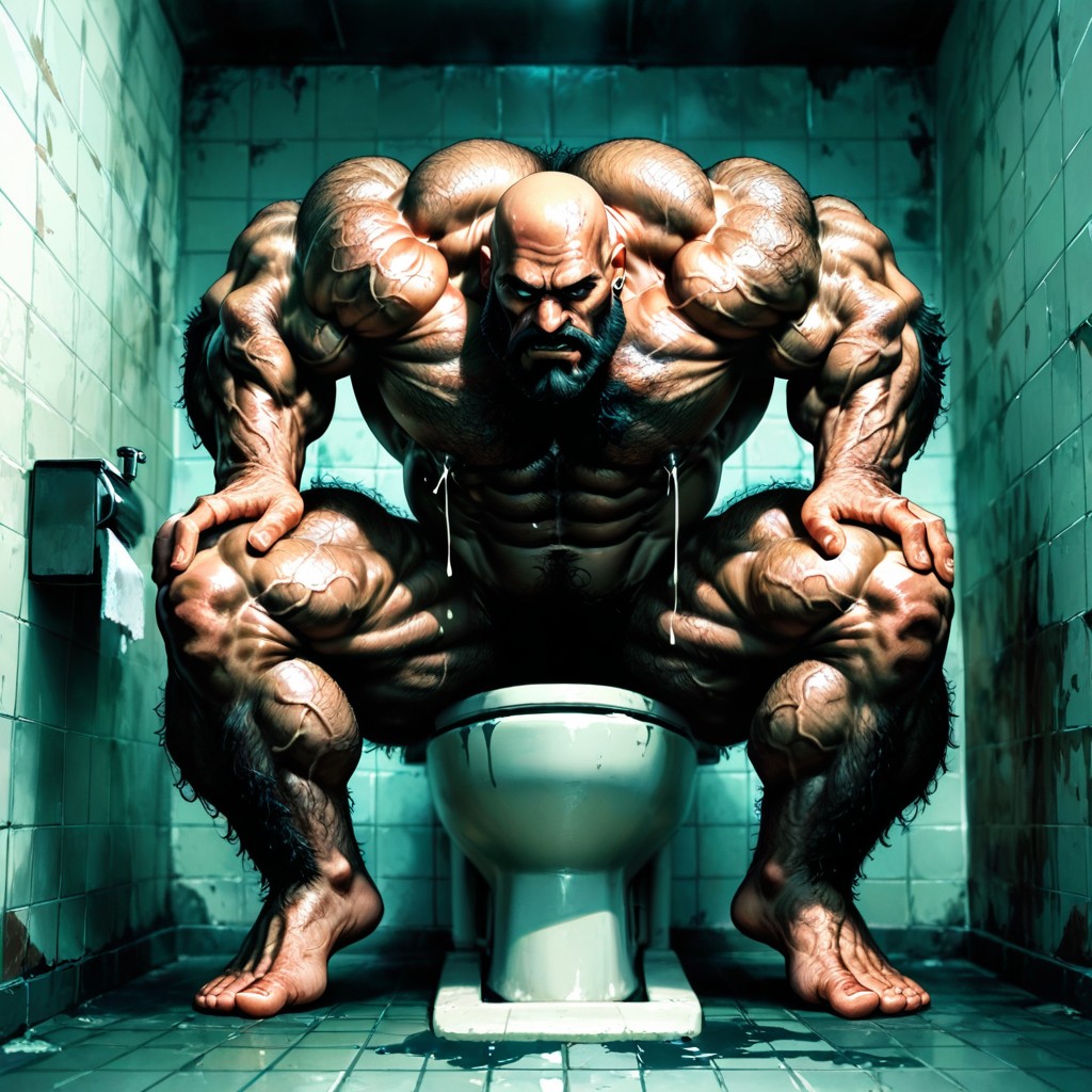Handsome Huge Mighty Daddy, Dimly Lit, Bathroom Stall AI Gay Porn