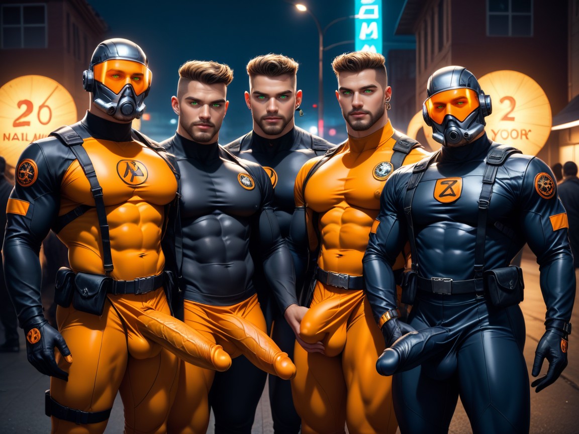 Harem, Bodysuit Is Extremely Form Fitting, Black With Orange Trim Chest Harness AI Gay Porn