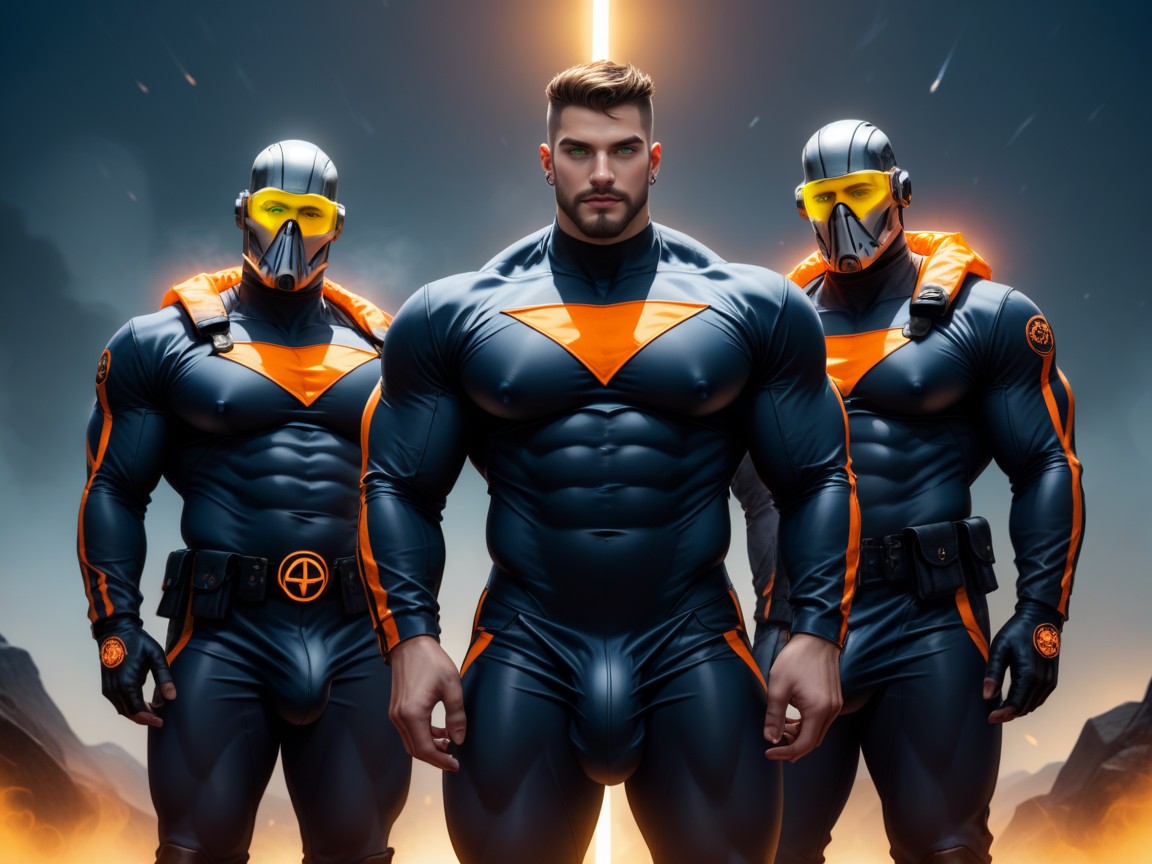 All Clones Look Slutty, Full Thick Beard, Black With Orange Trim Chest Harness AI Gay Porn
