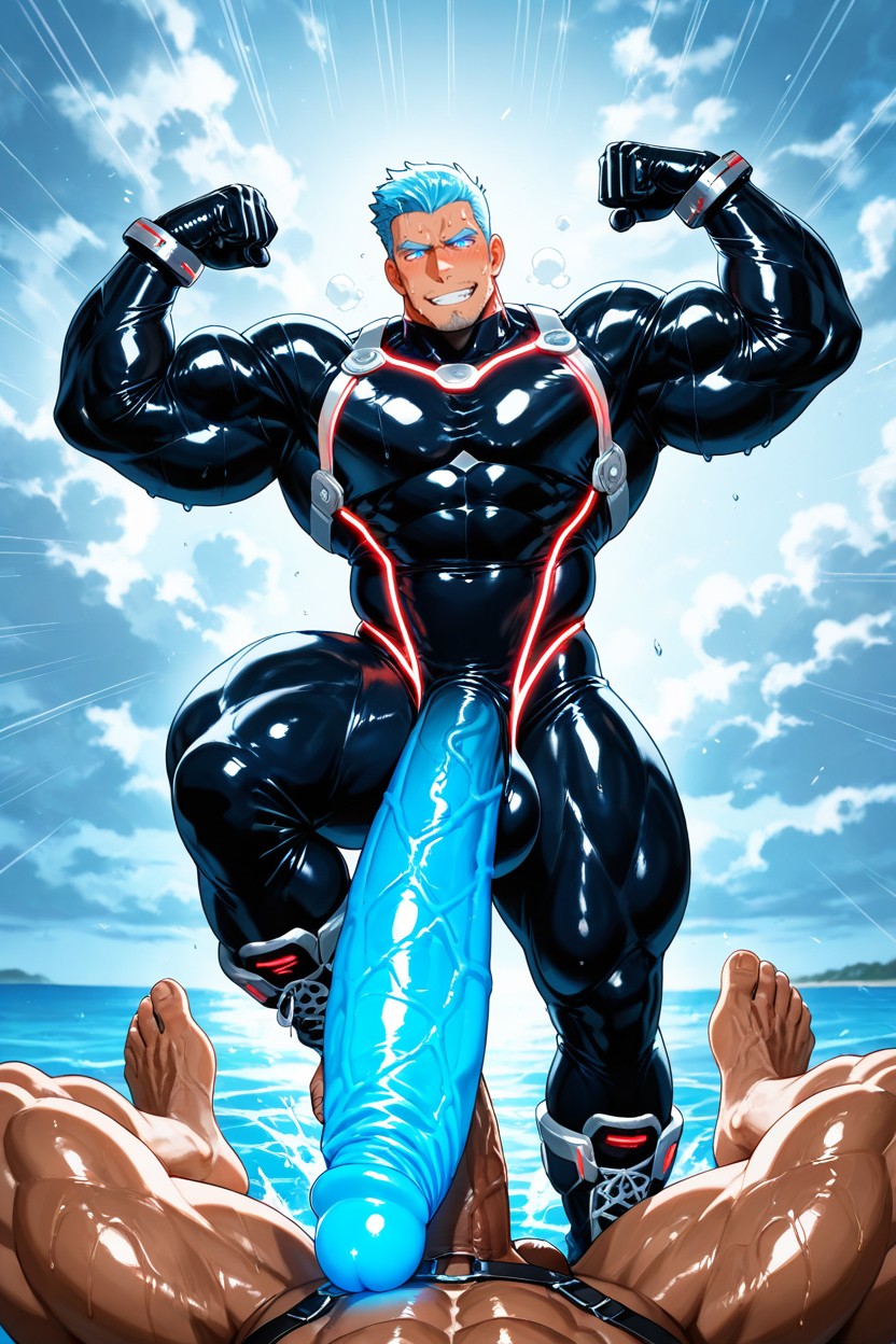 Blue Hair, Impossibly Long Hyper Penis, Hyper Massive Bulge AI Gay Porn