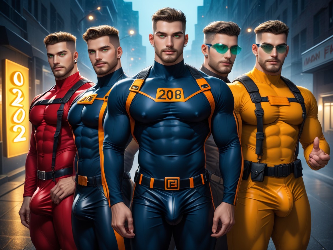 Neon, Sleek Form-fitting Clothing, Gigantic Bulge Under Clothes AI Gay Porn