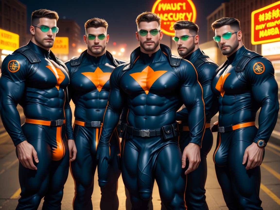 Neon, Many Clones That Look Like Gordon Freeman From Half-life Game, Bodysuit Is Extremely Form Fitting AI Gay Porn