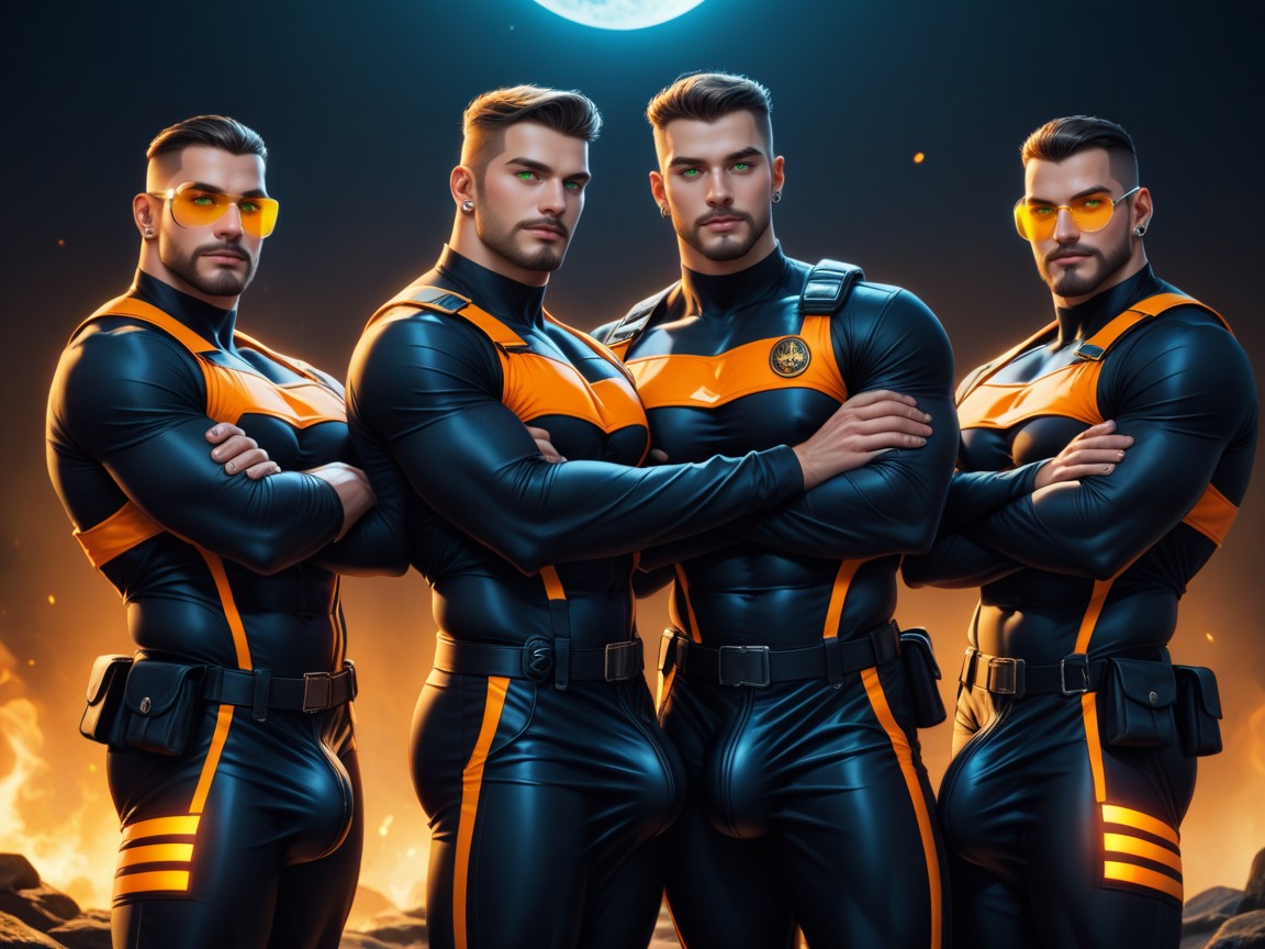 Green Eyes, Brown Buzzcut Fade, Black With Orange Trim Thong AI Gay Porn