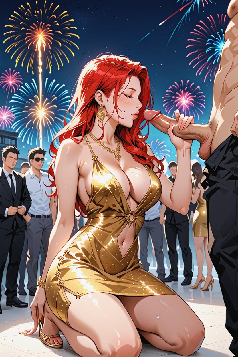Kissing The Tip Of Penis, Red Hair, Deep Cleavage Hentai AI Porn