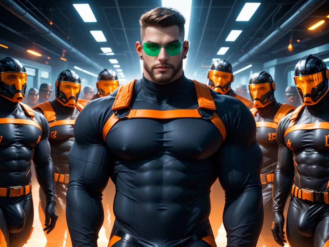 Neon, Many Clones That Look Like Gordon Freeman From Half-life Game, Wearing A Black With Orange Trim Bodysuit AI Gay Porn