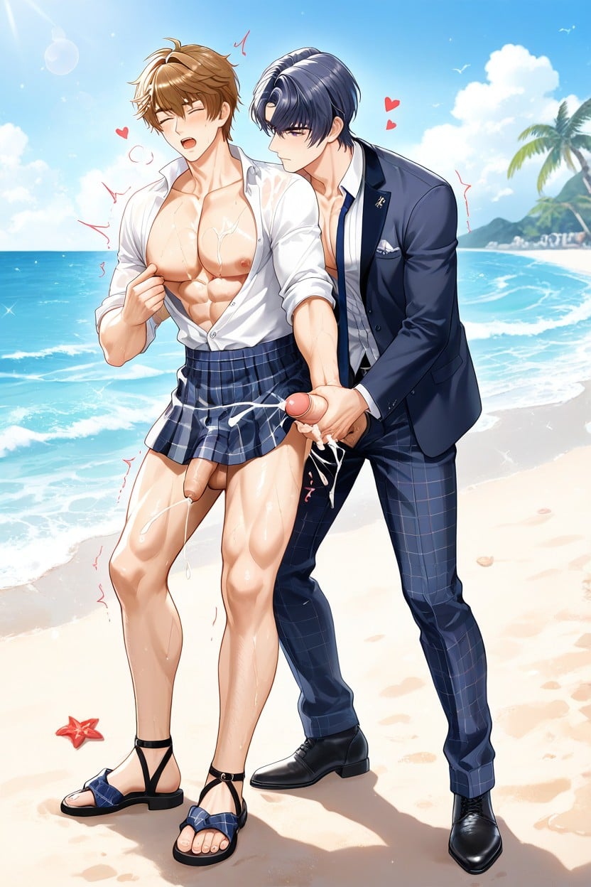 Chest Exposing Only, Realistic Body, Beach AI Gay Porn
