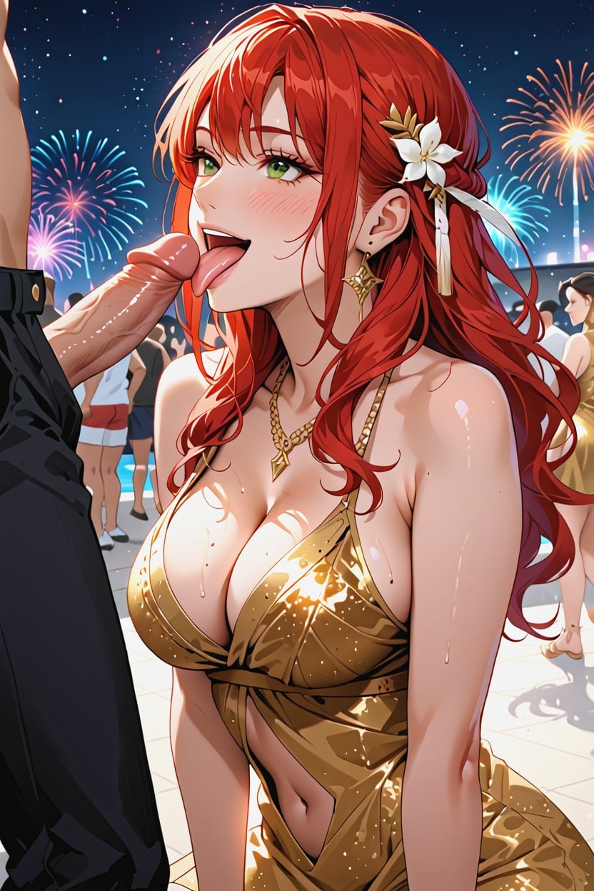 Red Hair, Large Breast, Woman Looking Up Hentai AI Porn