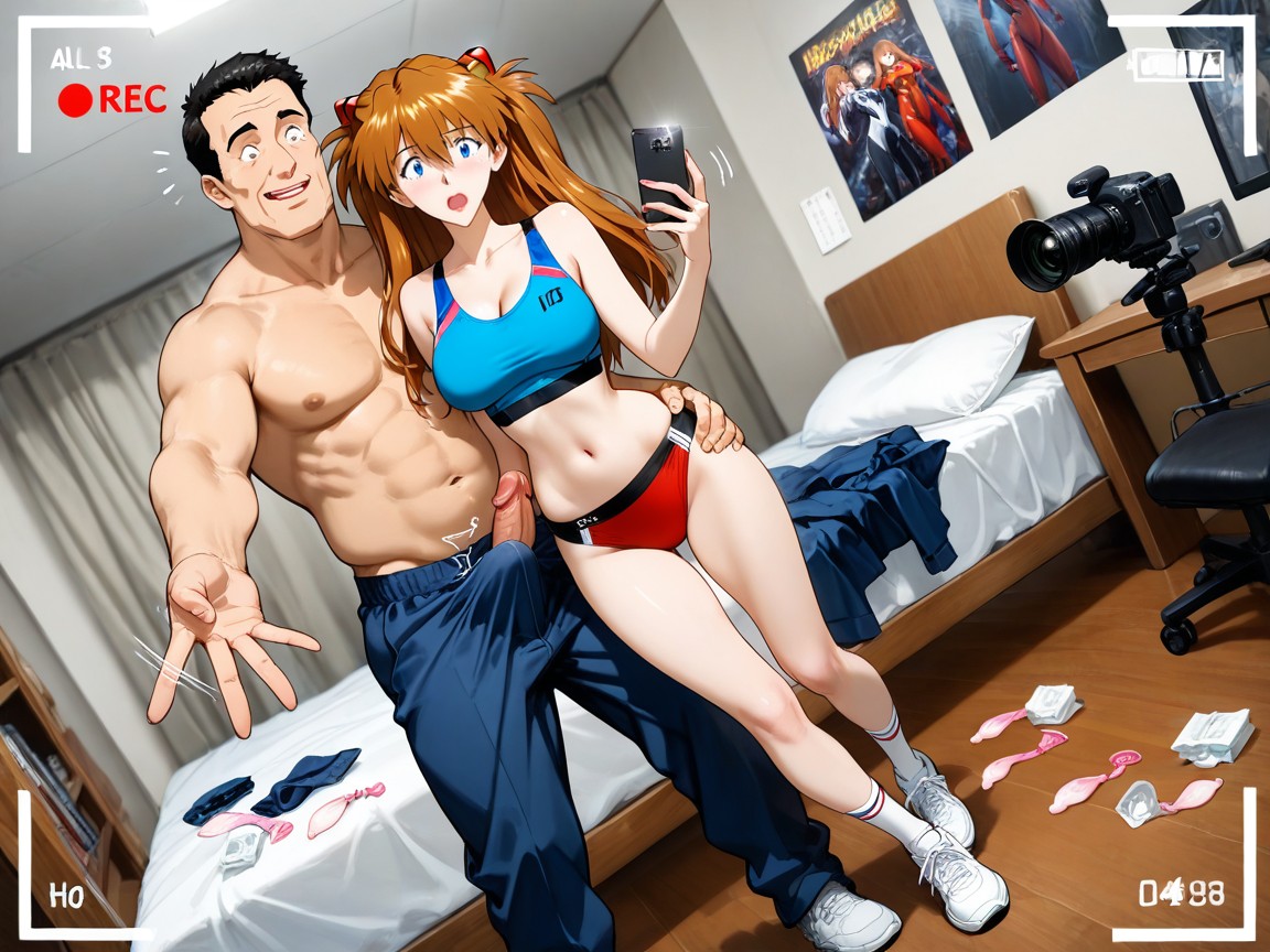 Wearing Bicolor Sexy Sports Top, Asuka Is Standing Between Two Giant Men, She Takes A Selfie AI Porn