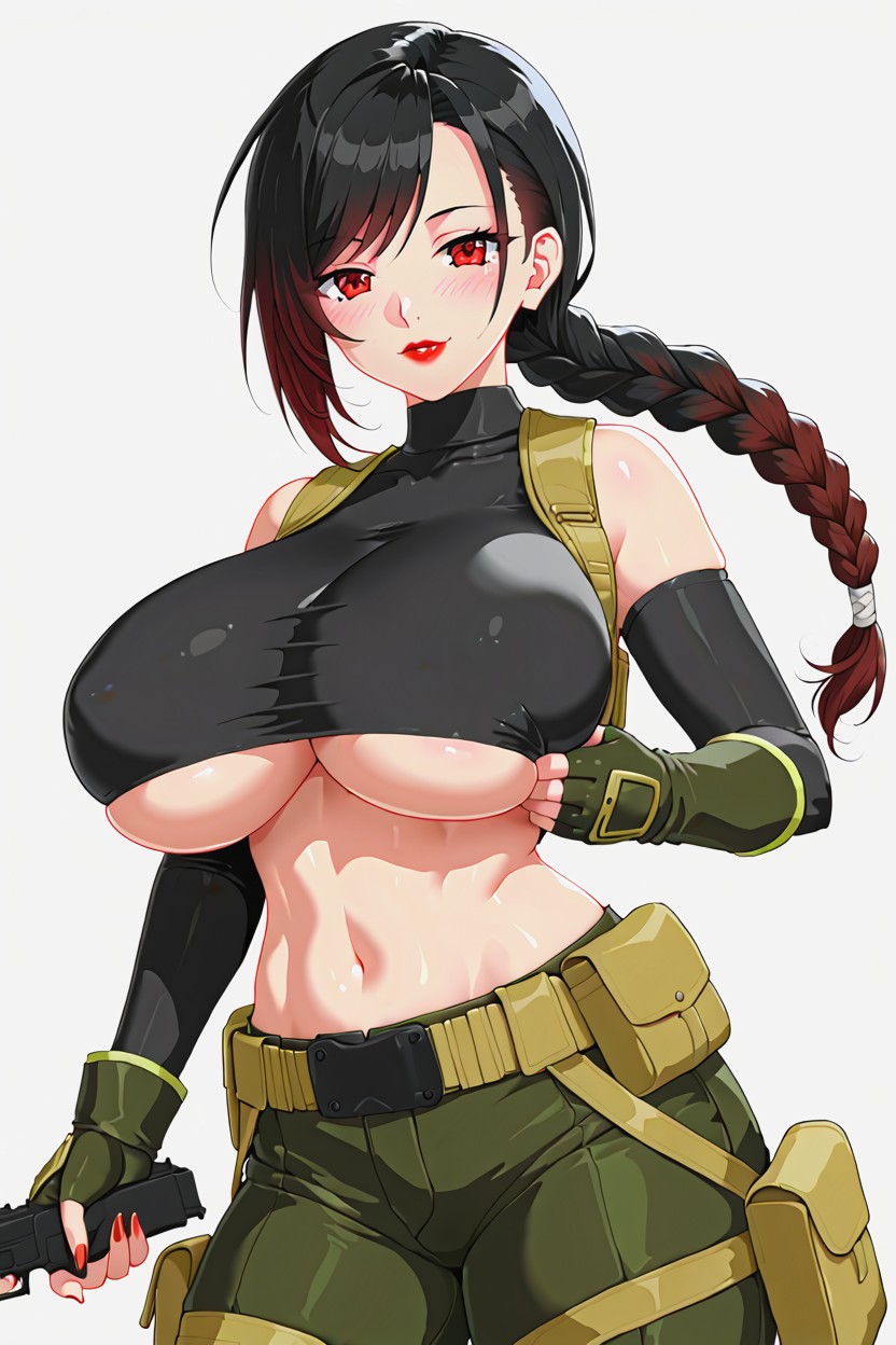 Cropped Olive Green Sleeve Vneck, Underboob, Side Swept Bangs AI Porn