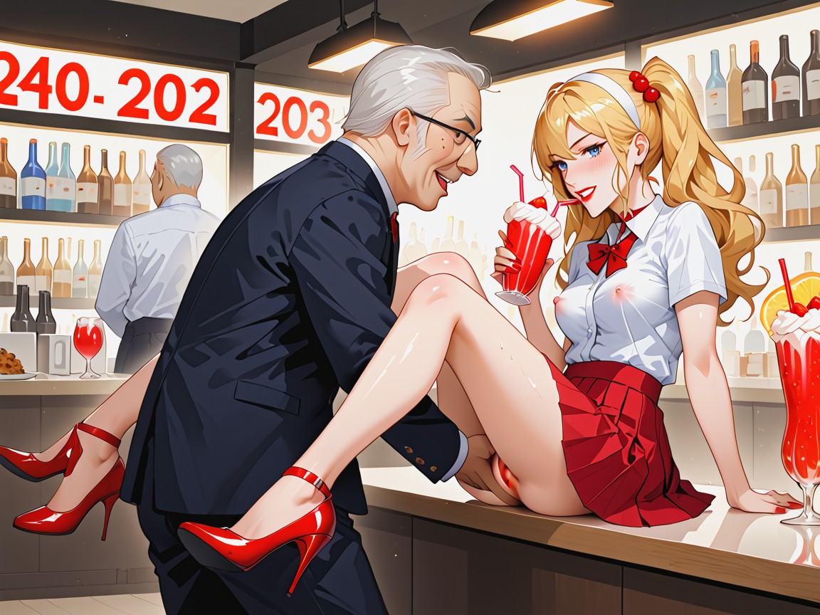 Red Miniskirt, Elbows On Counter, Red Ankle Strap High Heels AI Porn