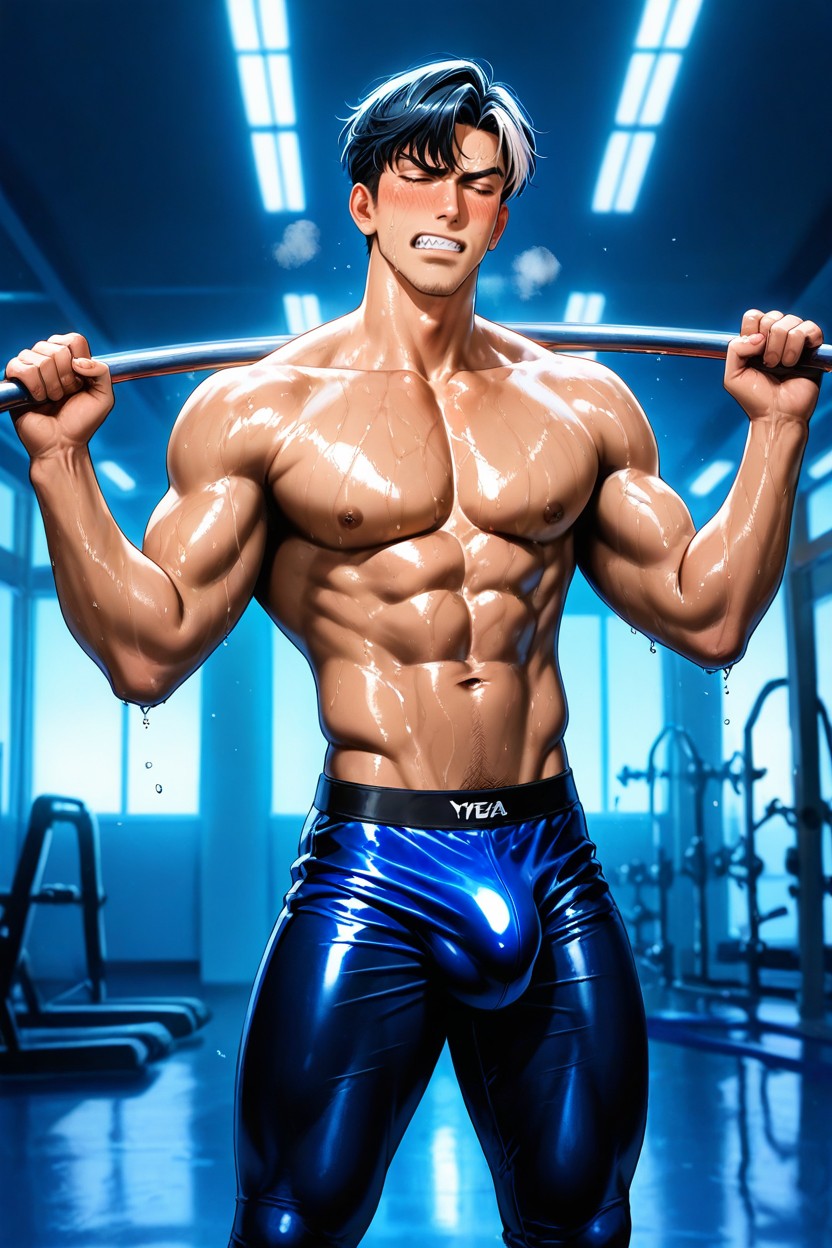 Doing Double Bicep Curl Barbell Exercise, Sweating, Oil-slick Sheen AI Gay Porn