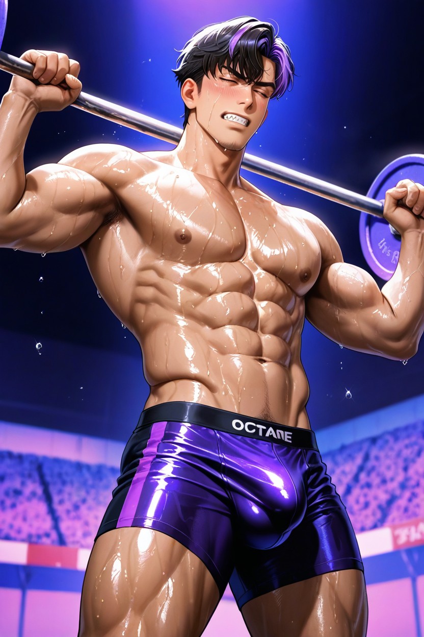 Oil-slick Sheen, Handsome Anime Male Face, Doing Double Bicep Curl Barbell Exercise AI Gay Porn