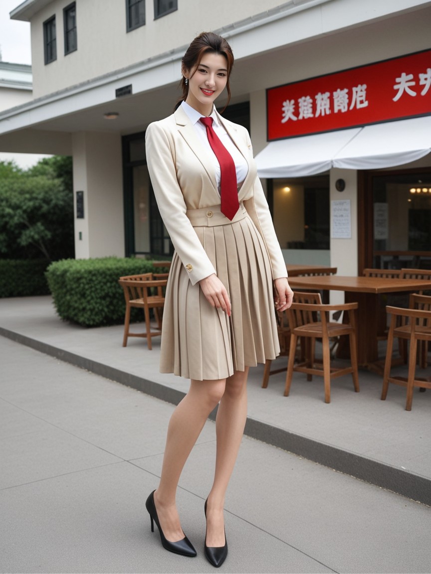 White Collared Shirt, 全身, Beige Pleated Skirt AI國產黃片