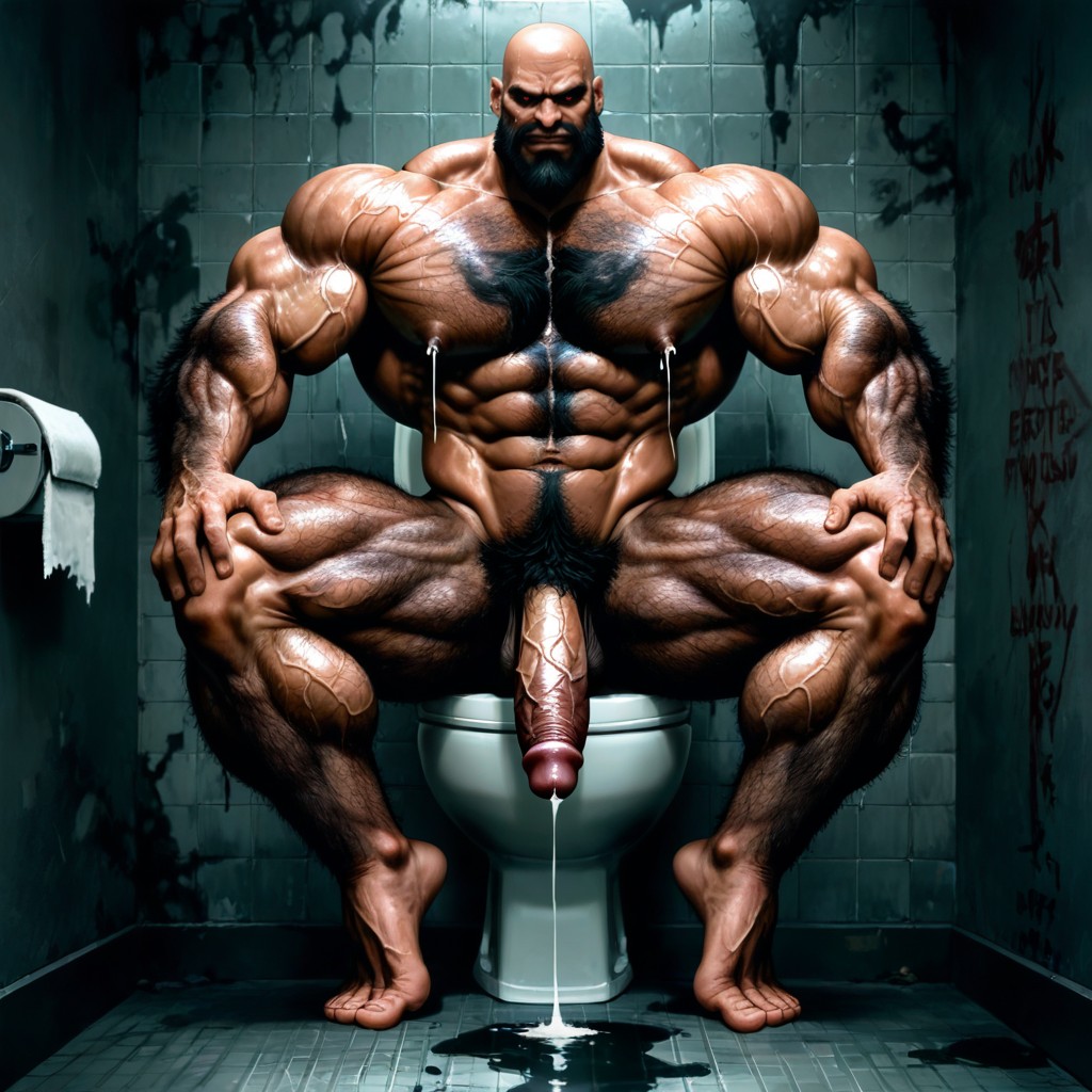 Sitting Down On Toilet, Side View, Hyper Nipples AI Gay Porn