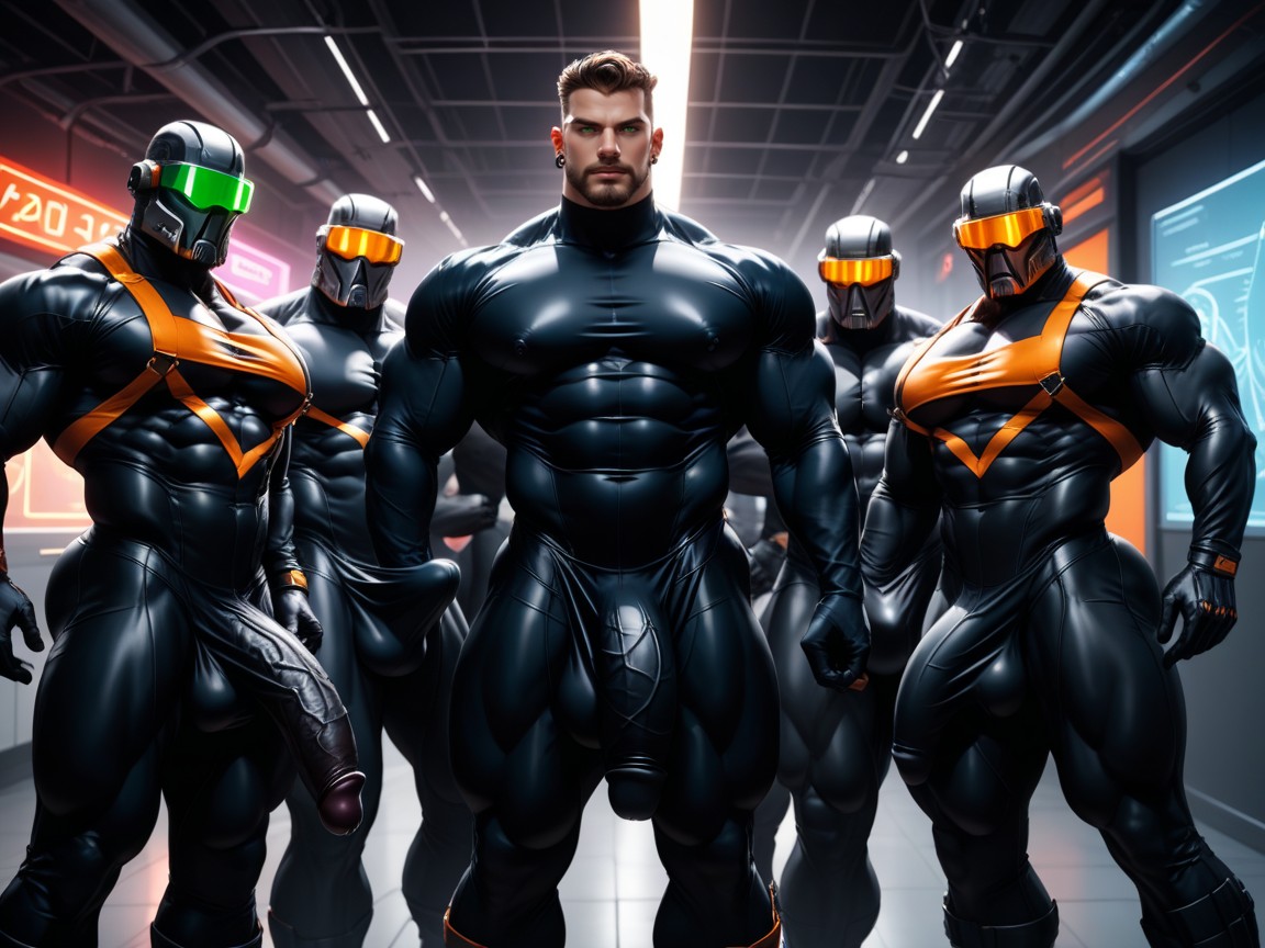 Skintight Clothing, Green Eyes, Wearing A Black With Orange Trim Bodysuit AI Gay Porn