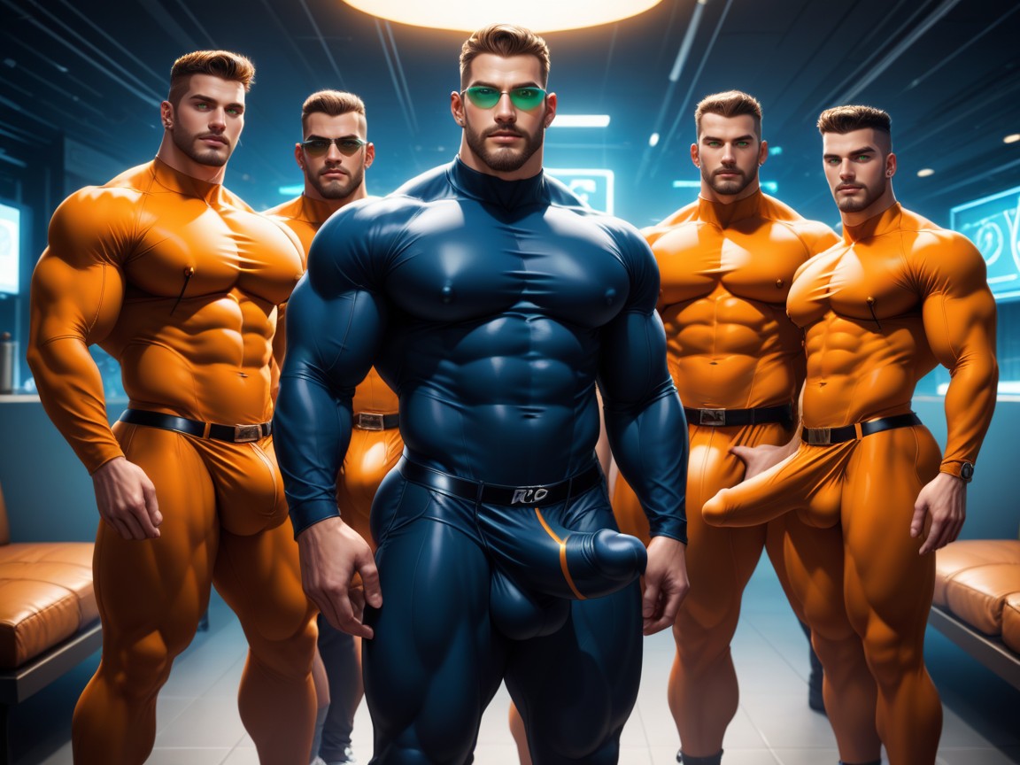 Sleek Visor Glasses, Skintight Clothing, Muscle Daddy Physique AI Gay Porn