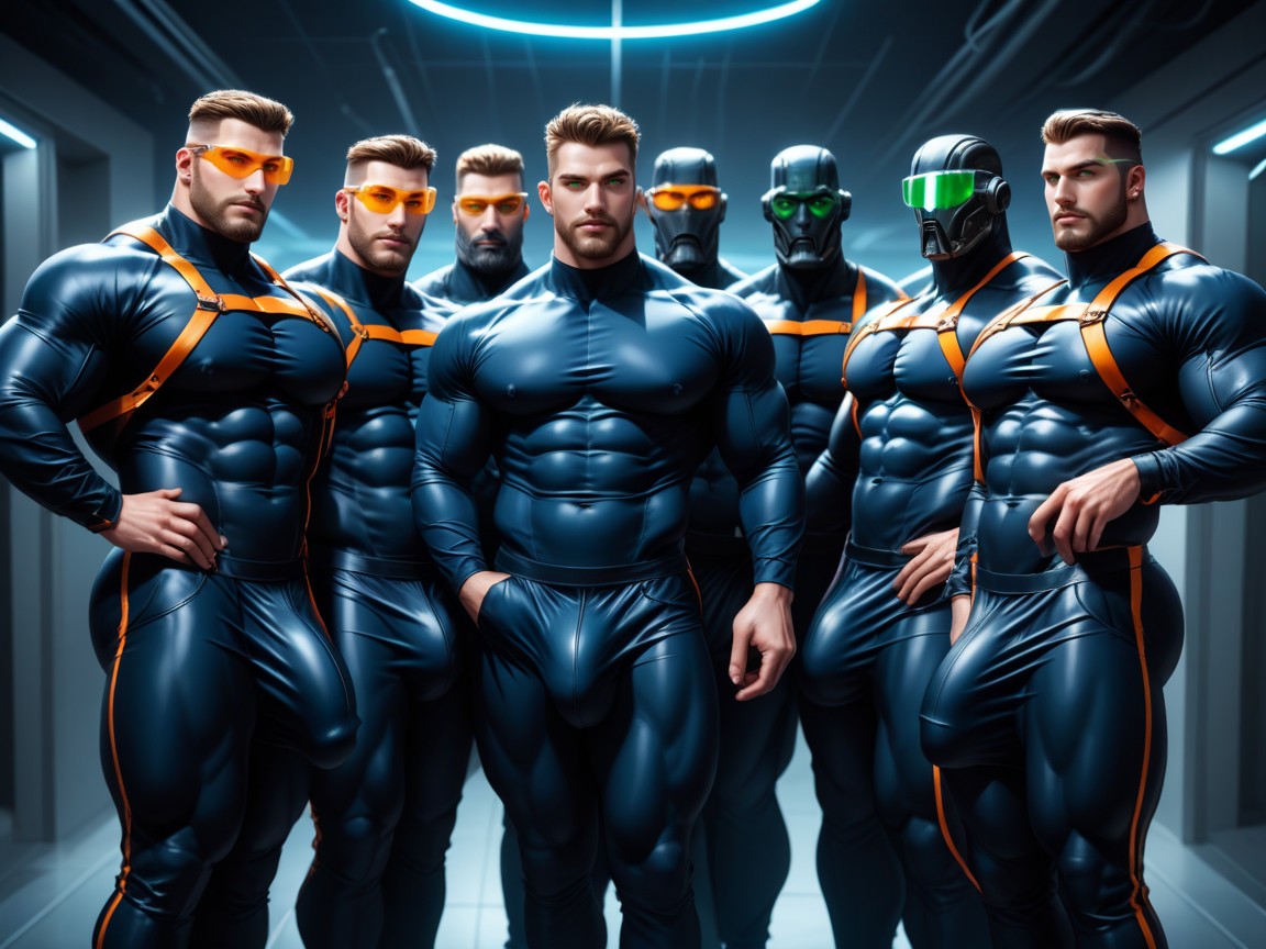 Black With Orange Trim Thong, Outline Of Cock And Cock Head, Bodysuit Is Extremely Form Fitting AI Gay Porn