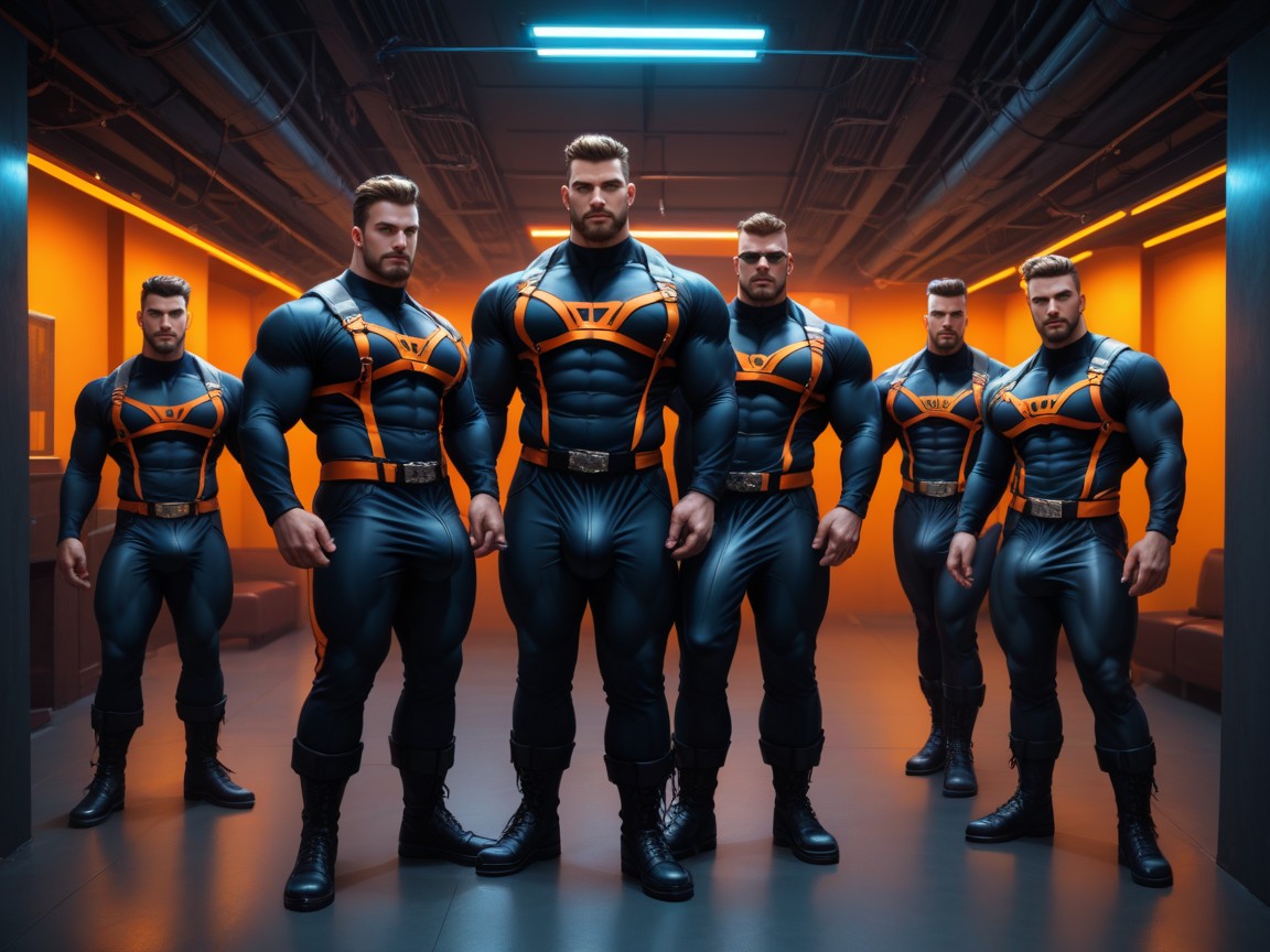 Black With Orange Trim Chest Harness, Very Large Detailed Veiny Bulge, Massive Engorged Cock Bulge Under Clothes AI Gay Porn