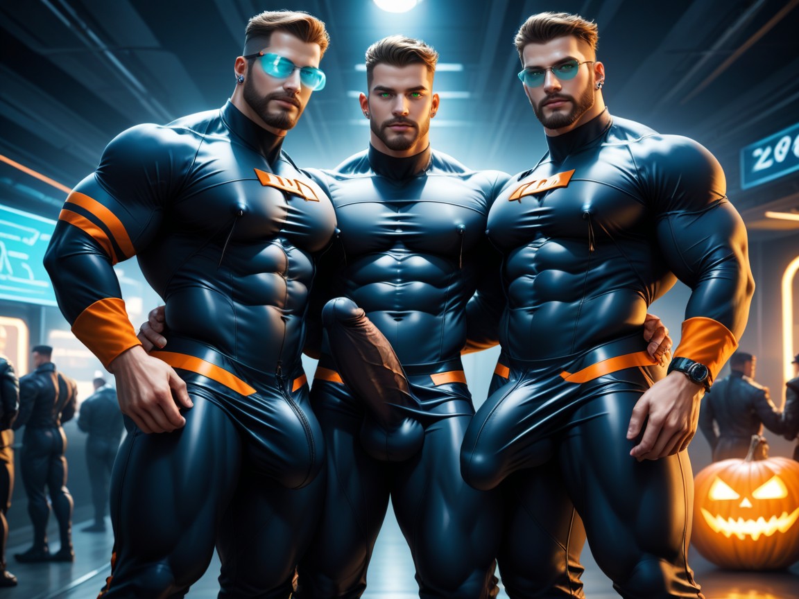 Night, All Men Have Hypercocks, Wearing A Black With Orange Trim Bodysuit AI Gay Porn
