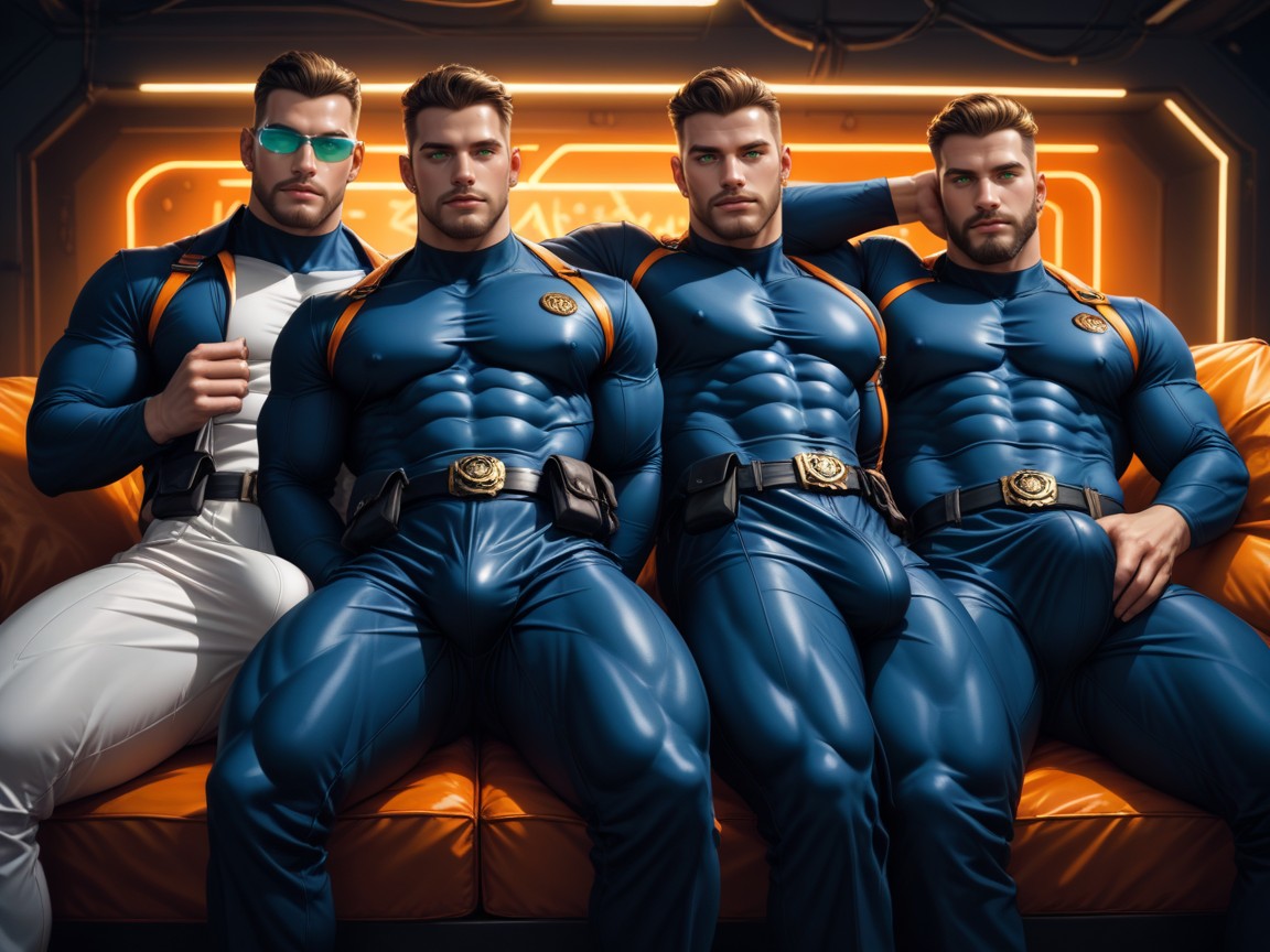 Full Thick Beard, Wearing A Black With Orange Trim Bodysuit, All Men Have Hypercocks AI Gay Porn