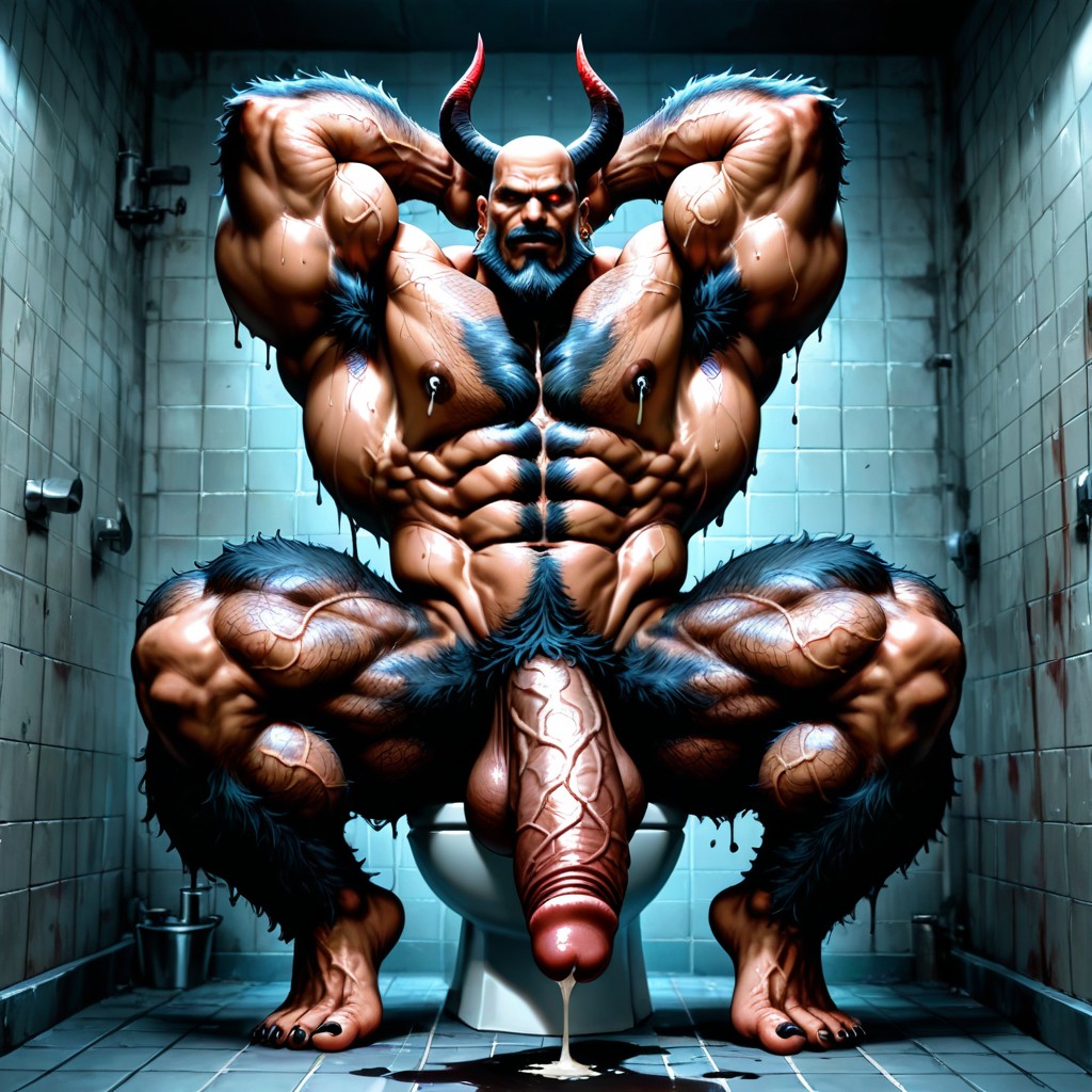 Muscular Neck, Sitting Down On Toilet, Extremely Hairy Armpits AI Gay Porn