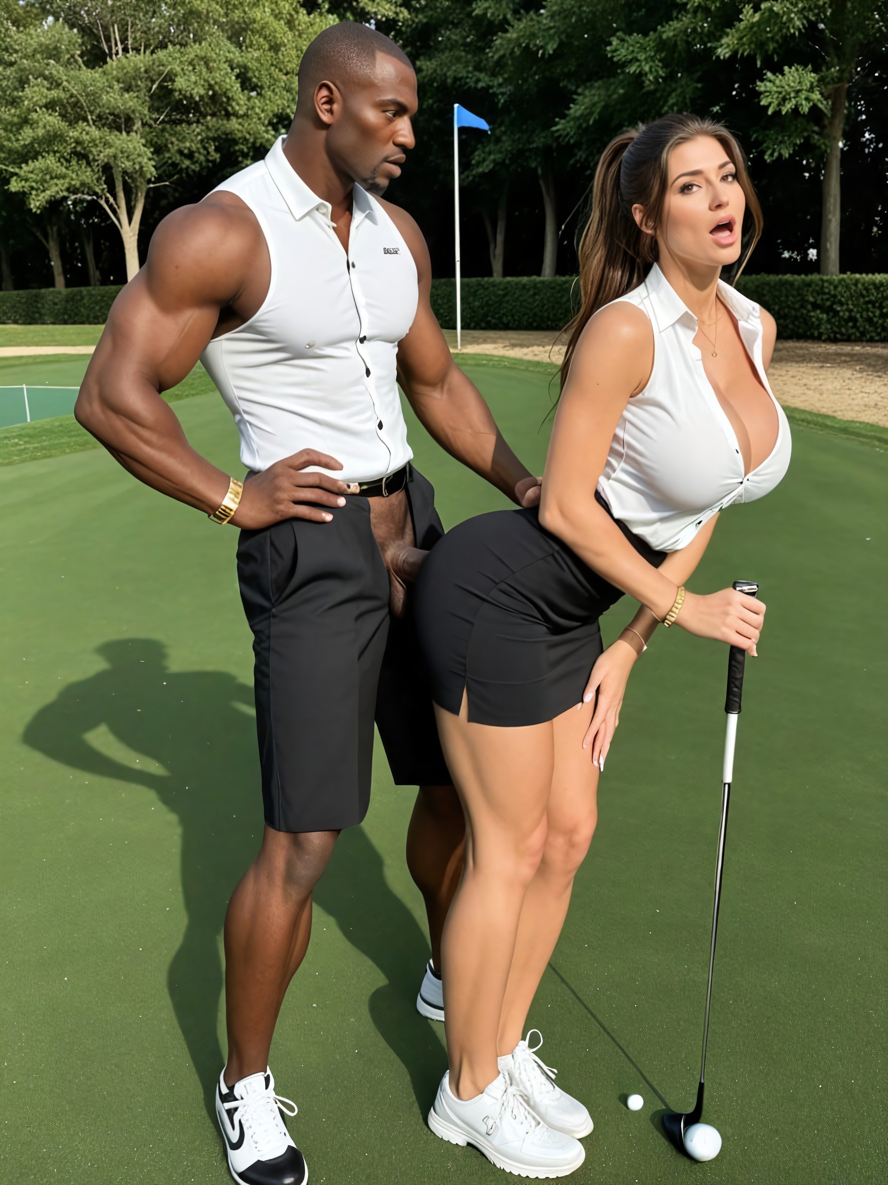 Golf Skirt Hemline At Ass Cheeks, Pale Skin, He Is Wearing Golf Caddy Uniform And Black Tennis Shoes AI Porn