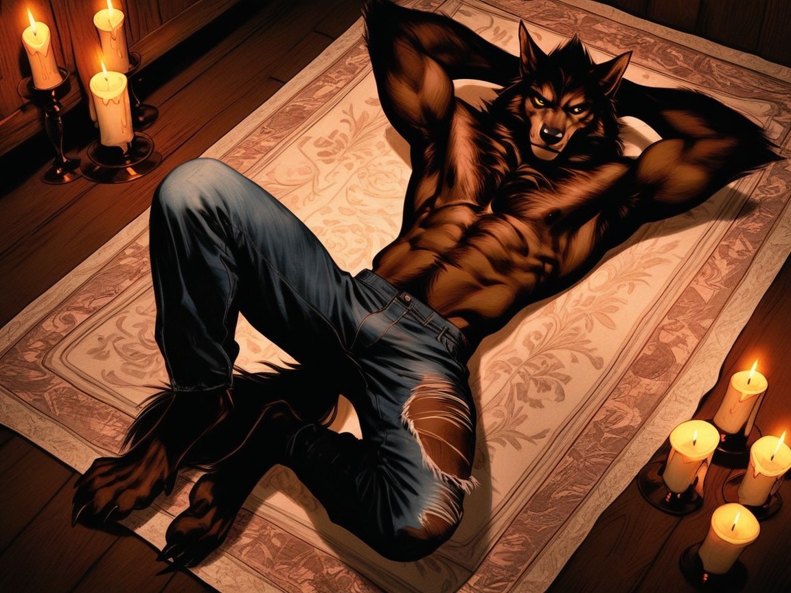 K Resolution, Vue De Face, Werewolf Legs Spread Seductively Porno IA Gay