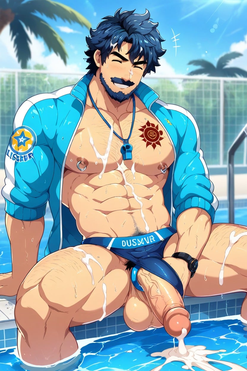 18+, At Swimming Pool, Dark Blue Hair AI Gay Porn