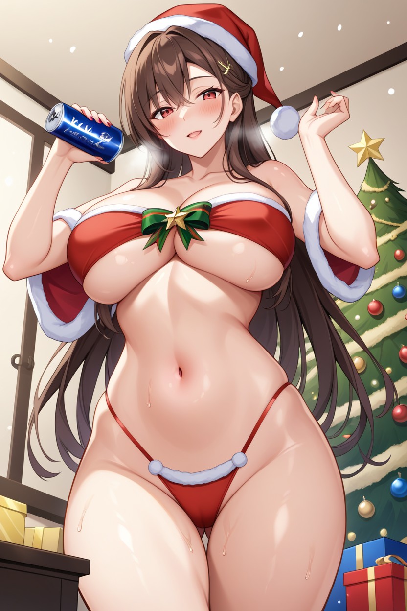 Red Eyes, Long Hair, Sexy Santa Claus,christmas Bow AI Porn