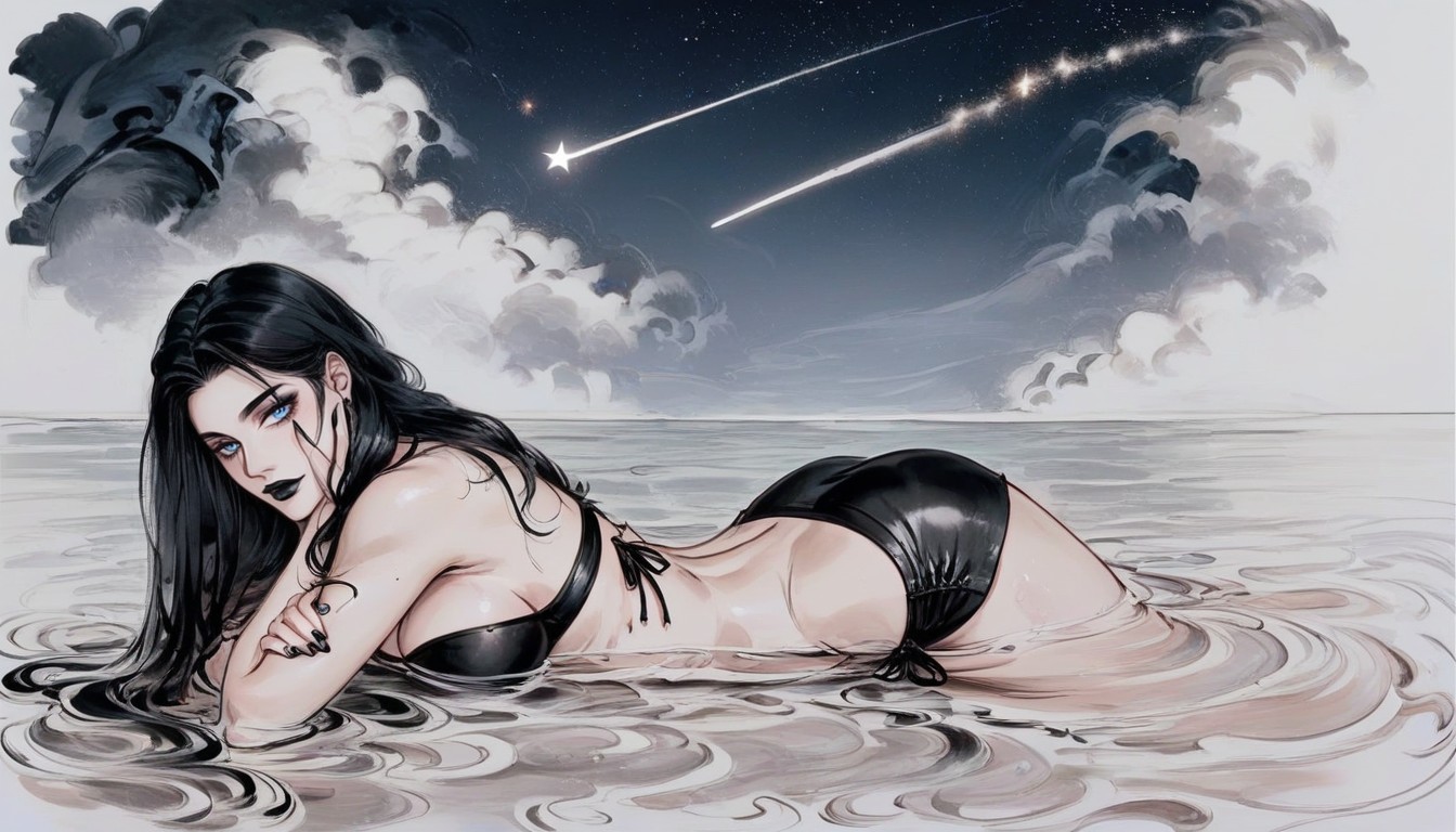 Dark Black Nail Polish, Half Submerged In Water, Thick Thighs AI黄漫