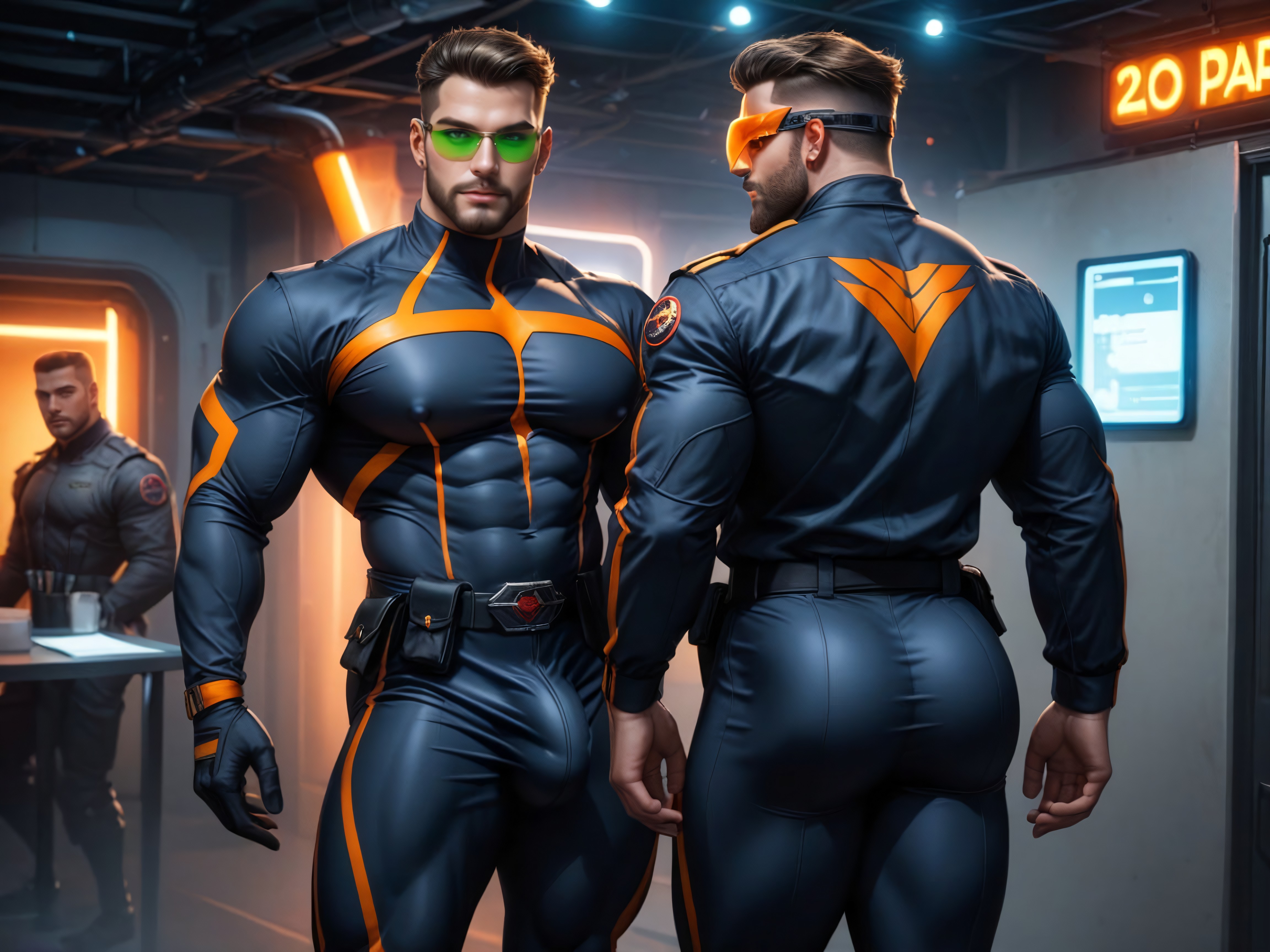 Pierced Ears, Gigantic Bulge Under Clothes, Side View AI Gay Porn