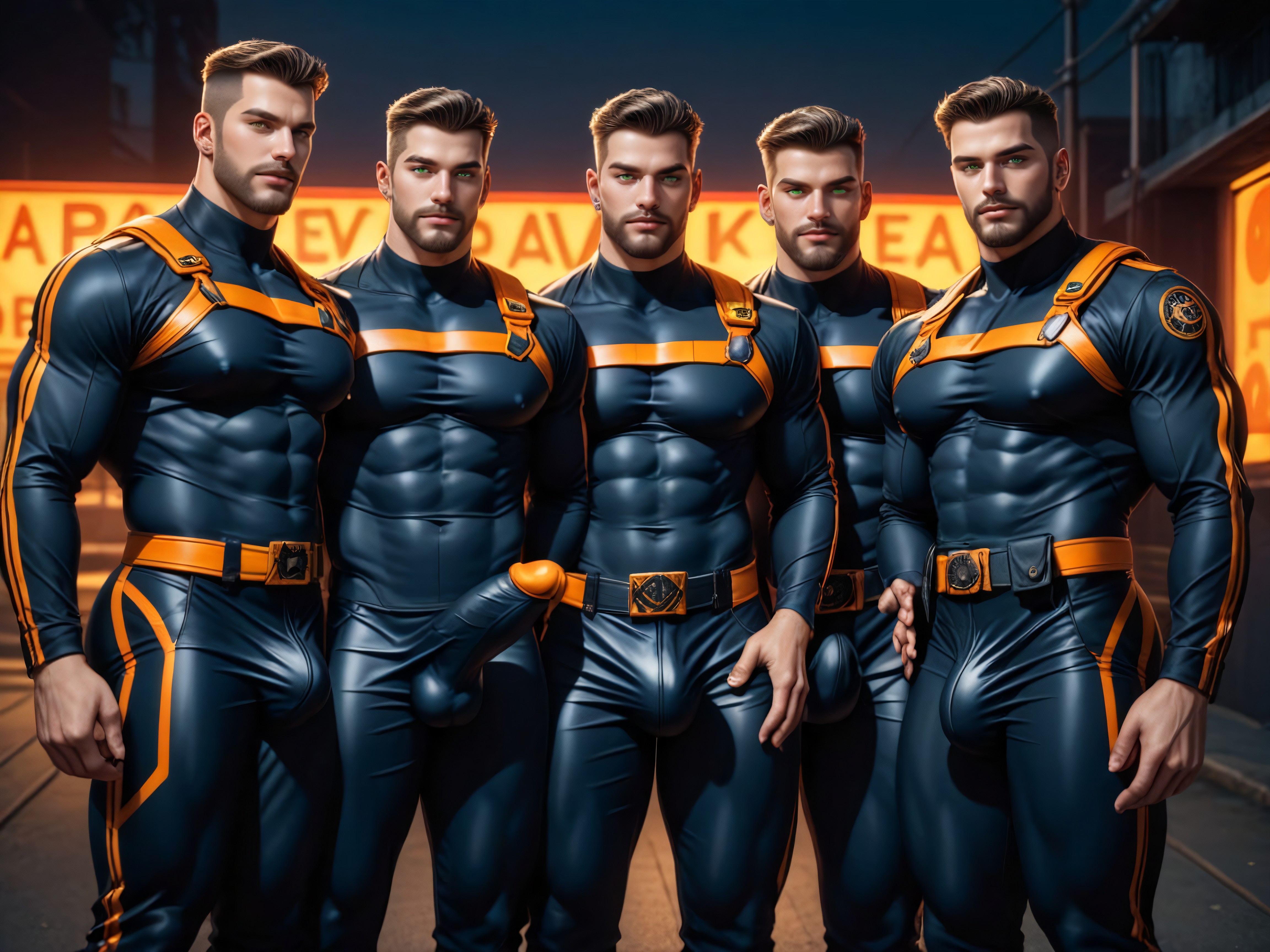 Gigantic Cocks Under Clothing, Model Pose, Wearing A Black With Orange Trim Bodysuit AI Gay Porn