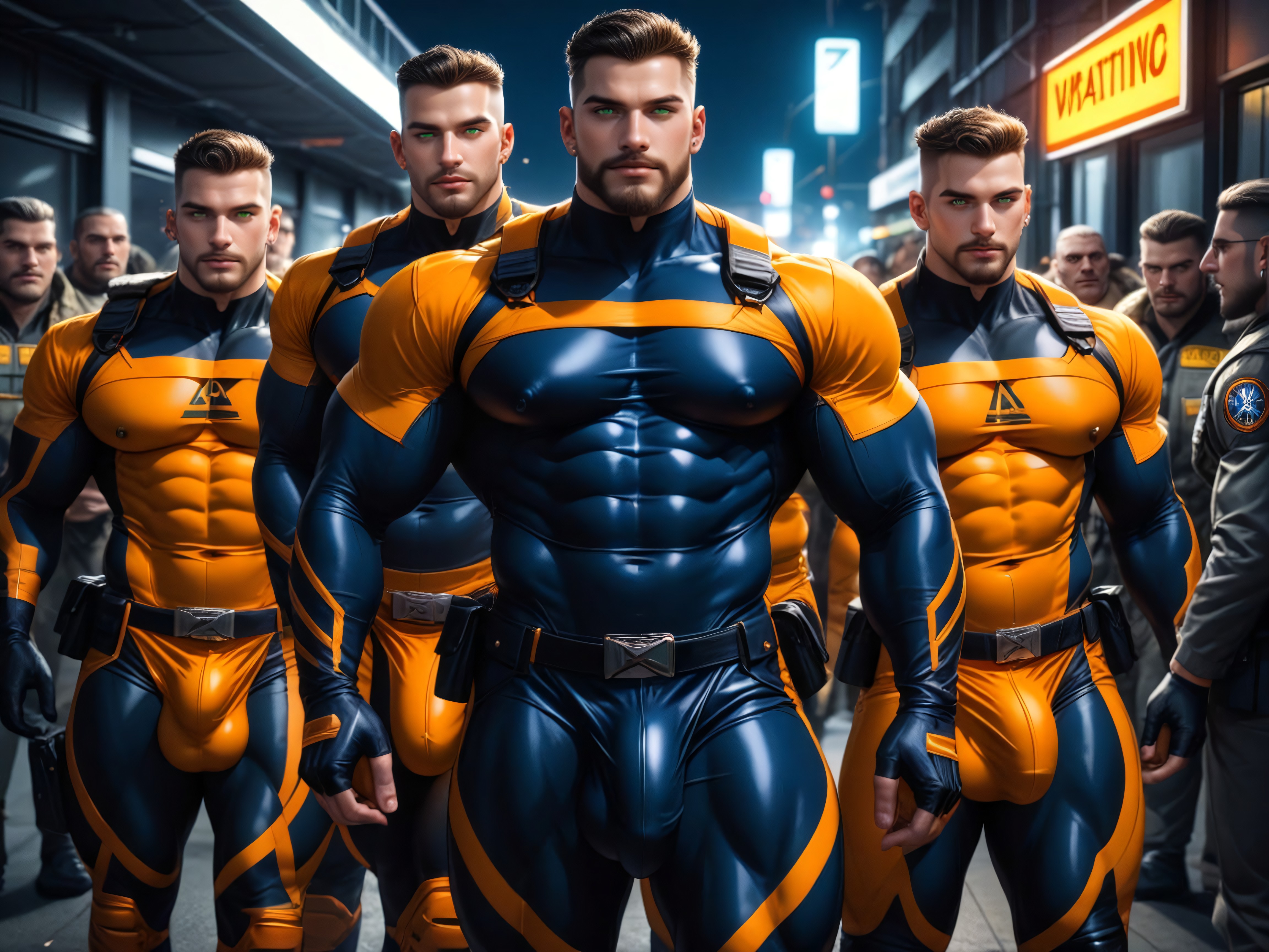 Gay, Green Eyes, Black With Orange Trim Chest Harness AI Gay Porn
