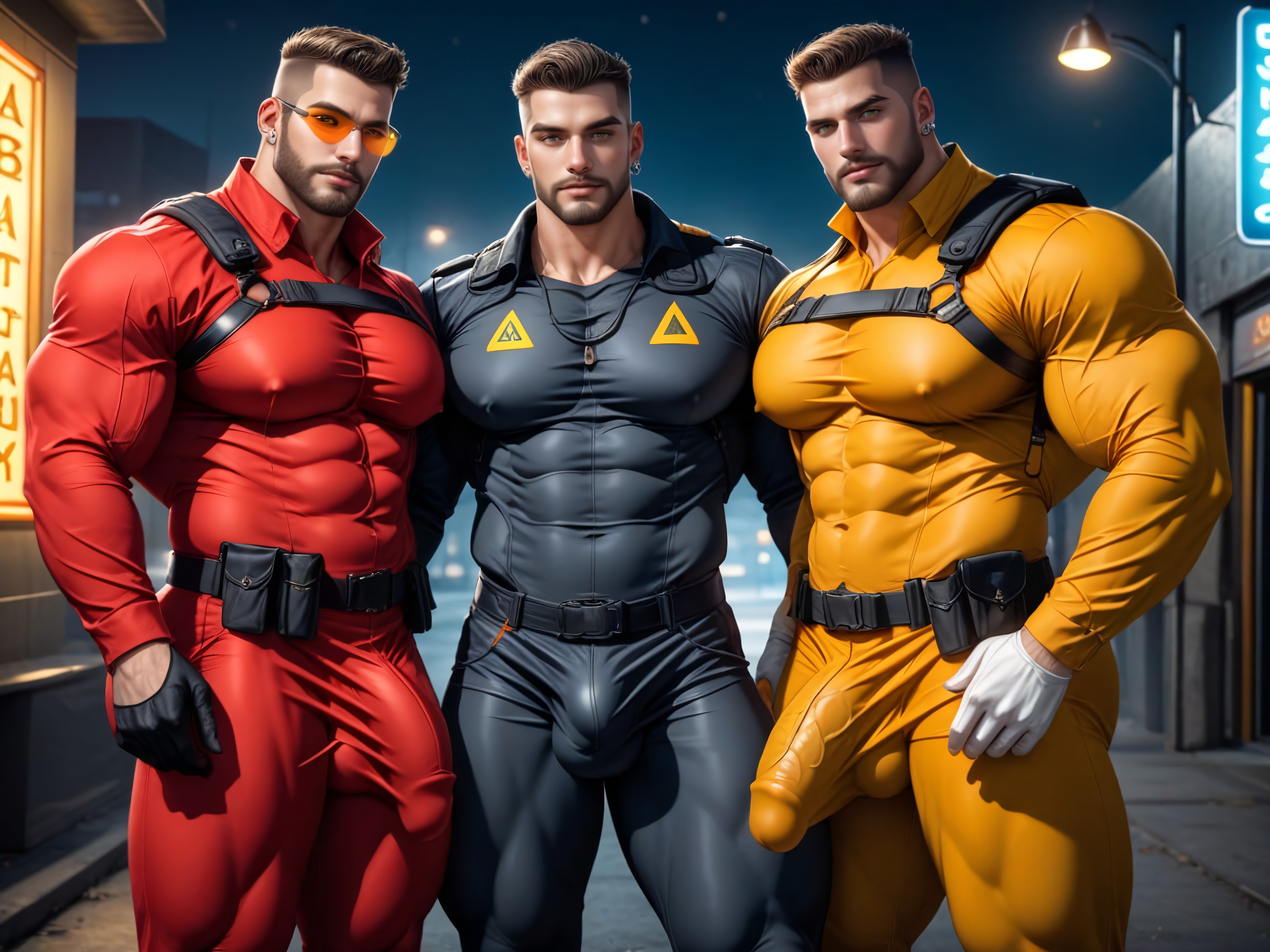 Sleek Form-fitting Clothing, Very Muscular, Sleek Visor Glasses AI Gay Porn