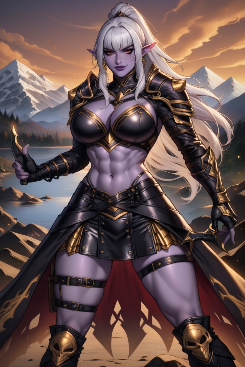 Armored Skirt, Leather Straps, Midriff AI Porn