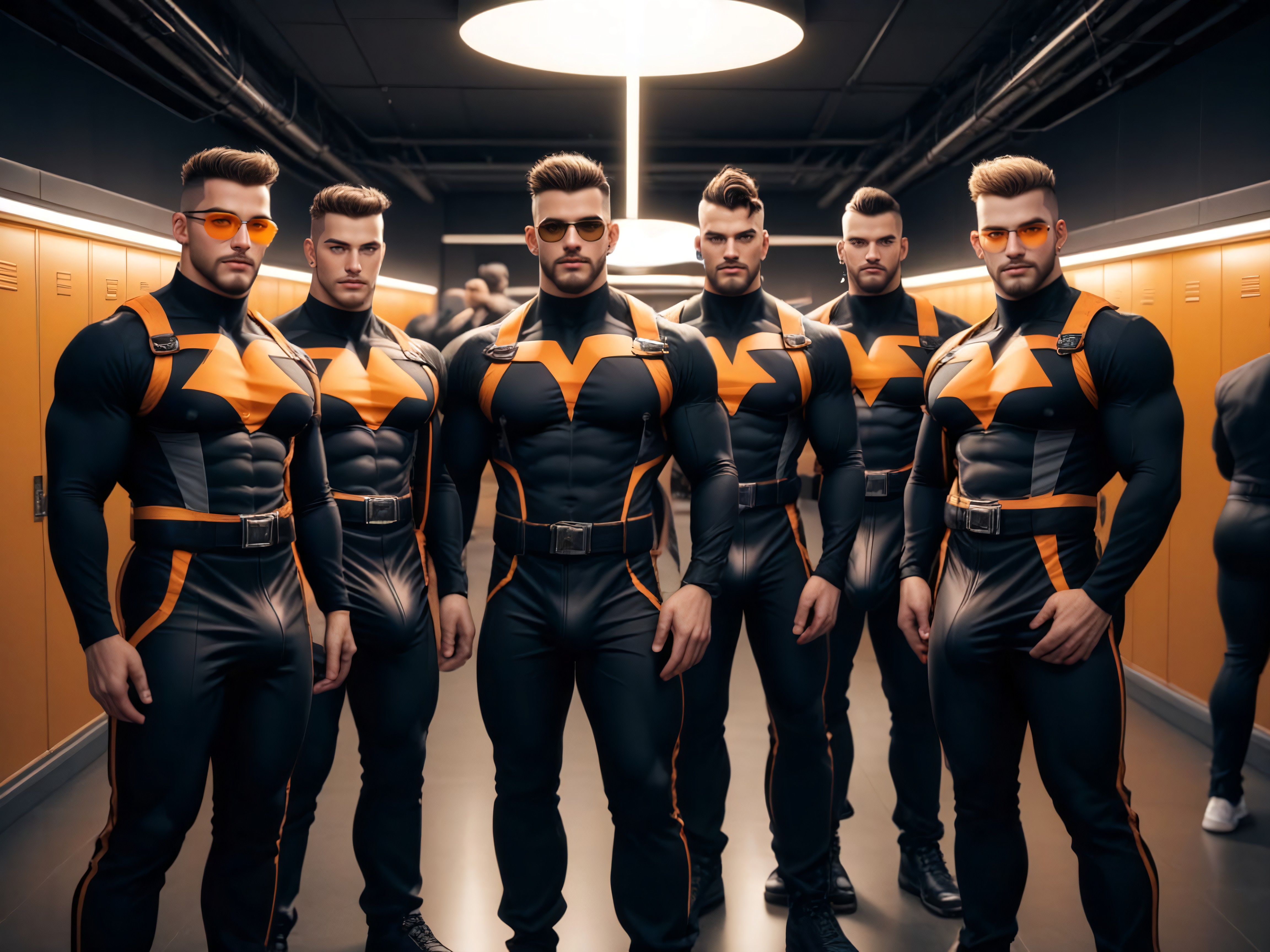 Gigantic Cocks Under Clothing, Black With Orange Trim Chest Harness, Dominant AI Gay Porn