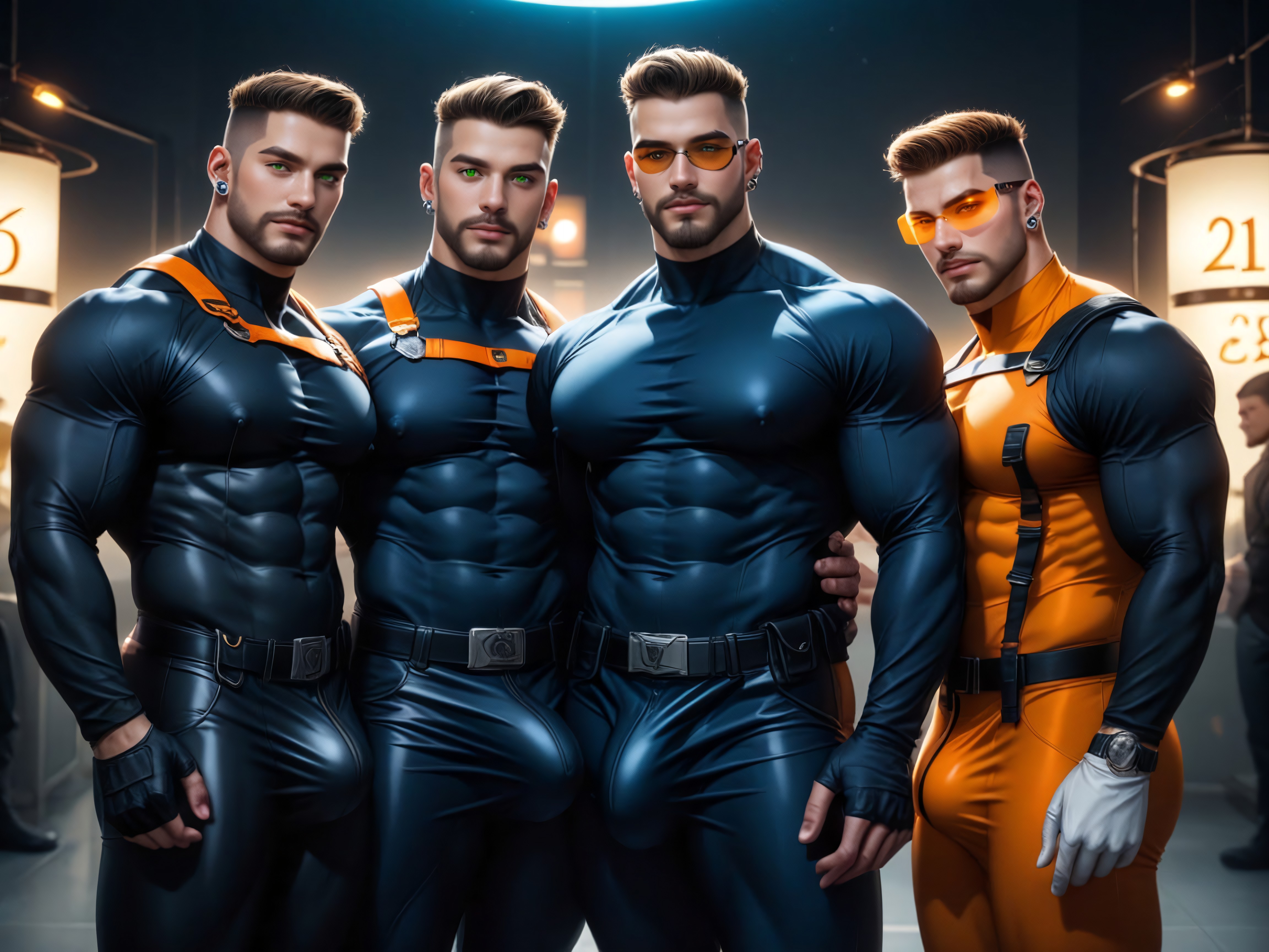 Extremely Veiny Cocks Visible Under Clothing, Black With Orange Trim Thong, Brown Buzzcut Fade AI Gay Porn
