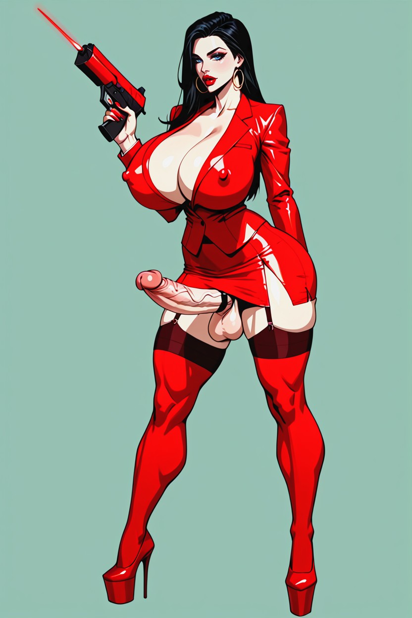 Holding A Laser Pistol, Cleavage, Beautiful Bimbo AI Porn